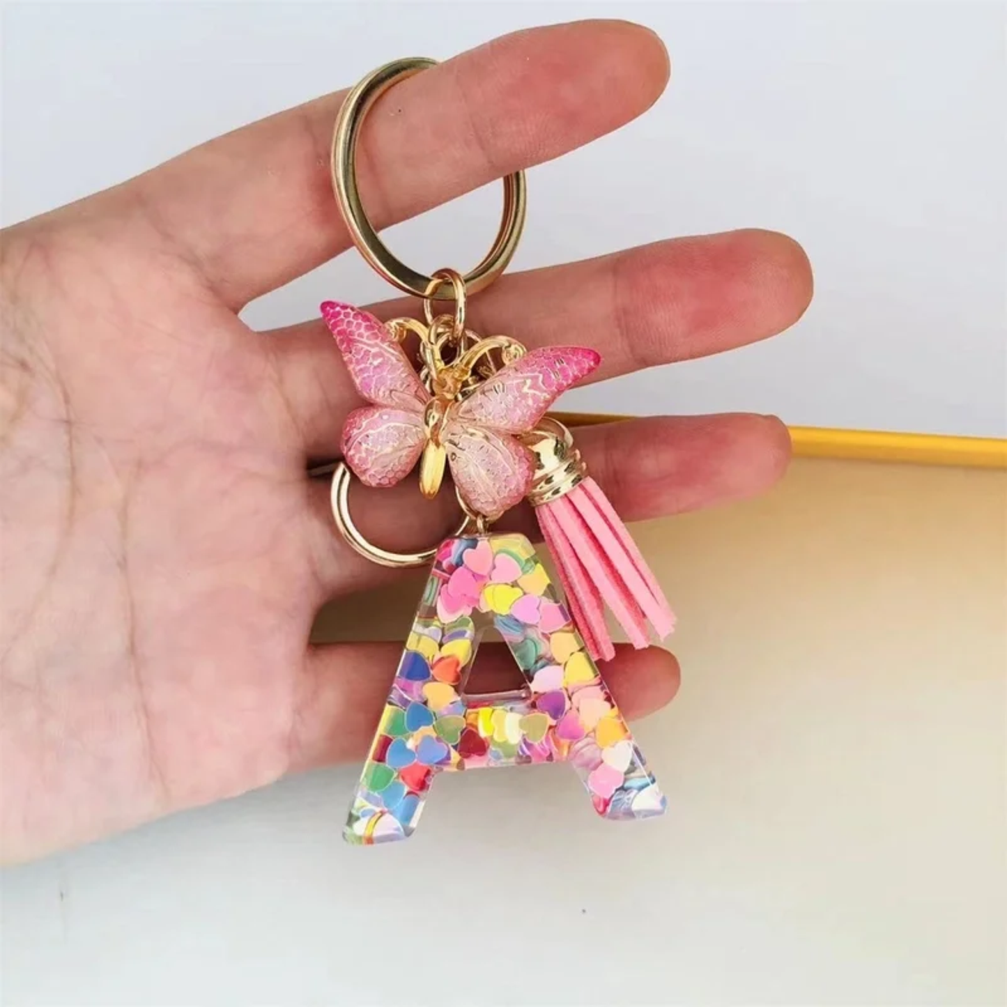Pink Personalized Resin Alphabet Initial Tassel Butterfly Keychain Bag Charm