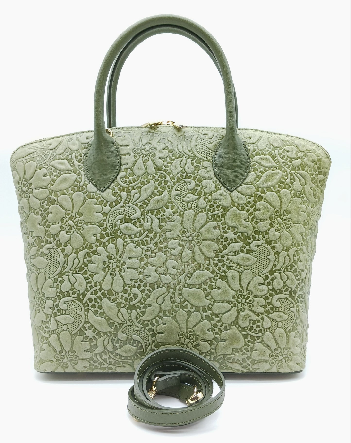 Army Green Genuine Leather Floral Embossed Handbag Satchel – Made In Italy