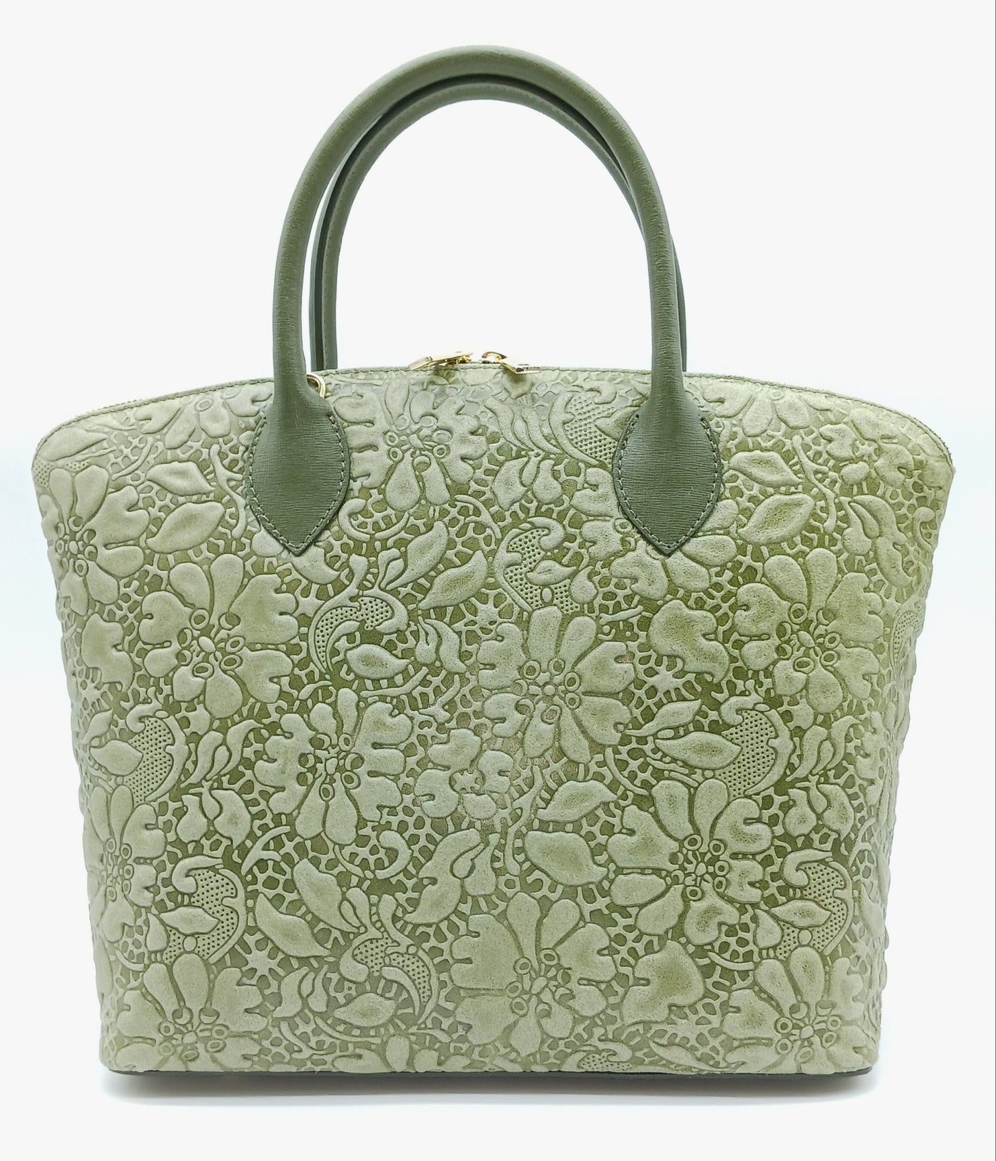 Army Green Genuine Leather Floral Embossed Handbag Satchel – Made In Italy