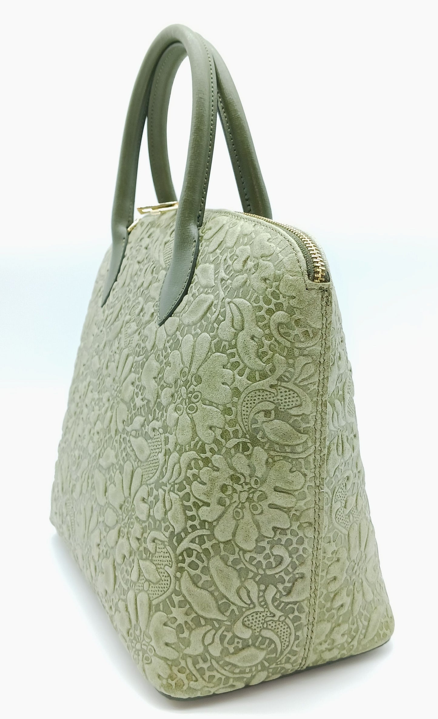 Army Green Genuine Leather Floral Embossed Handbag Satchel – Made In Italy