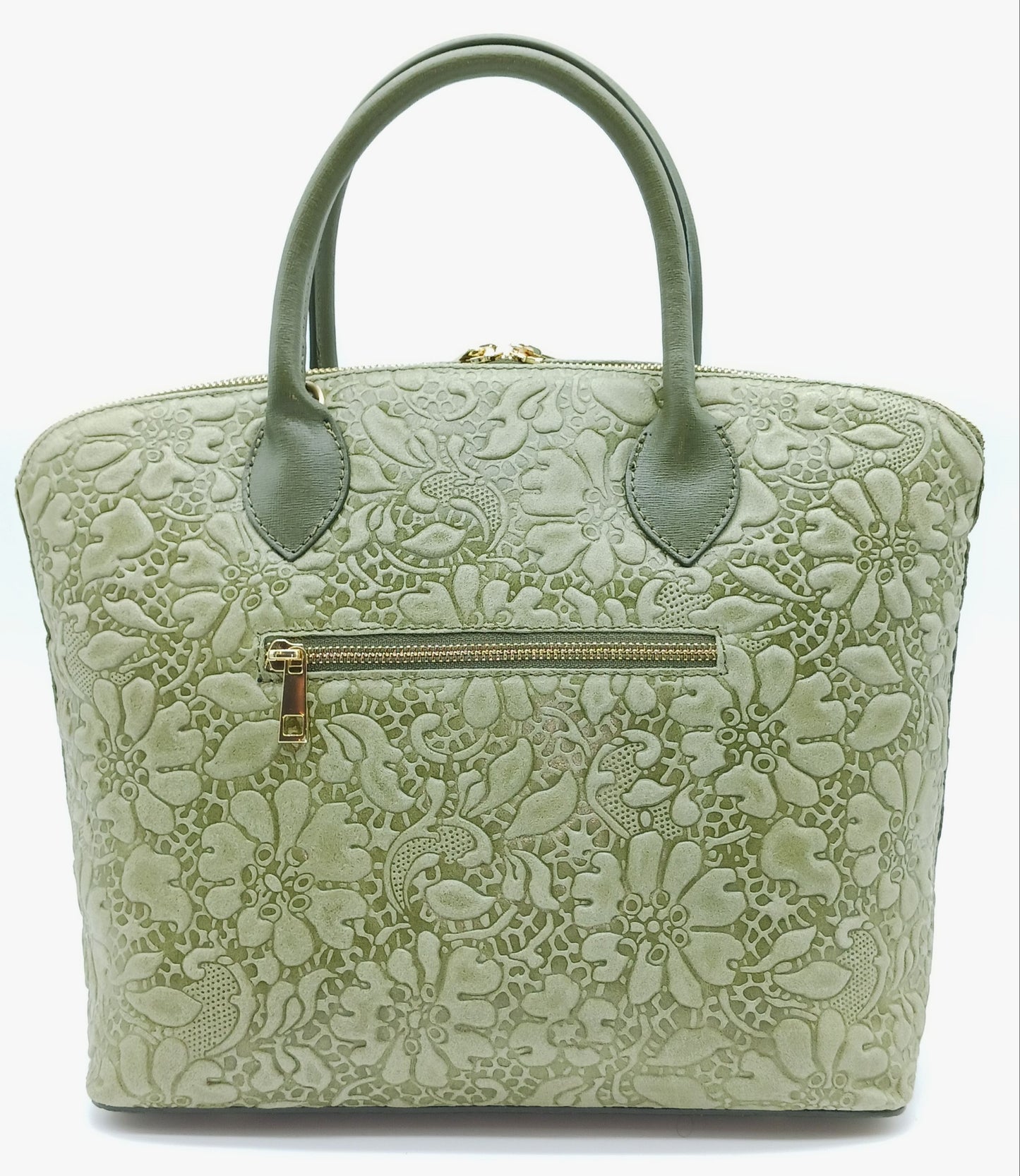 Army Green Genuine Leather Floral Embossed Handbag Satchel – Made In Italy