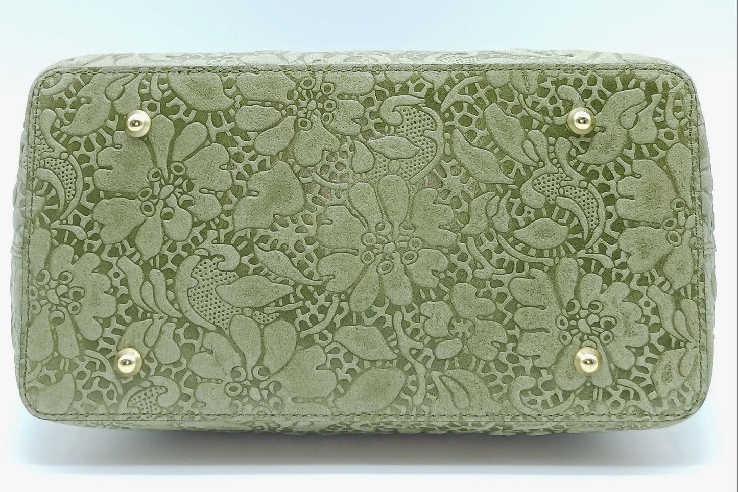 Army Green Genuine Leather Floral Embossed Handbag Satchel – Made In Italy