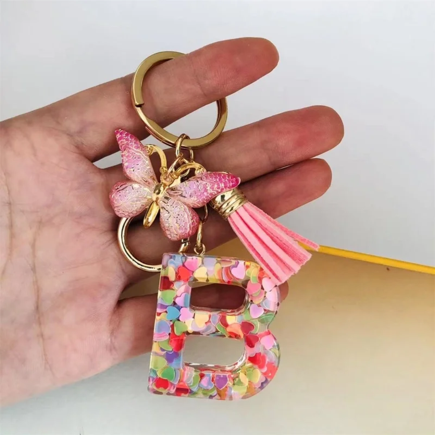 Pink Personalized Resin Alphabet Initial Tassel Butterfly Keychain Bag Charm