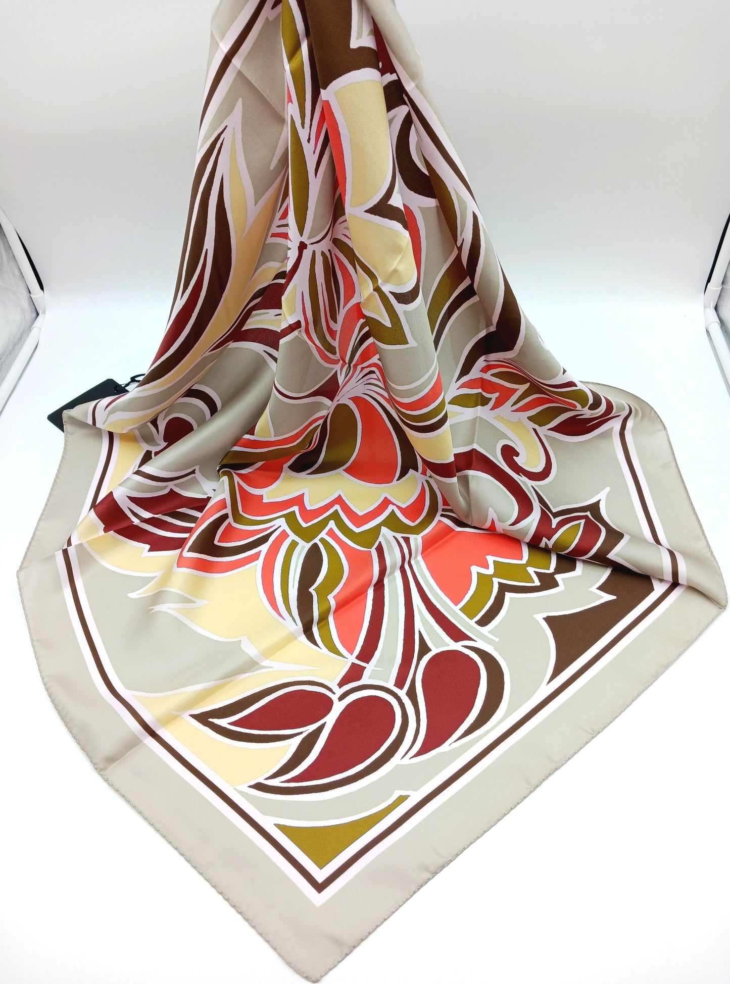 Floral Design Silk Twill Square Scarf 35x35 – Made In Italy – Beige & Orange