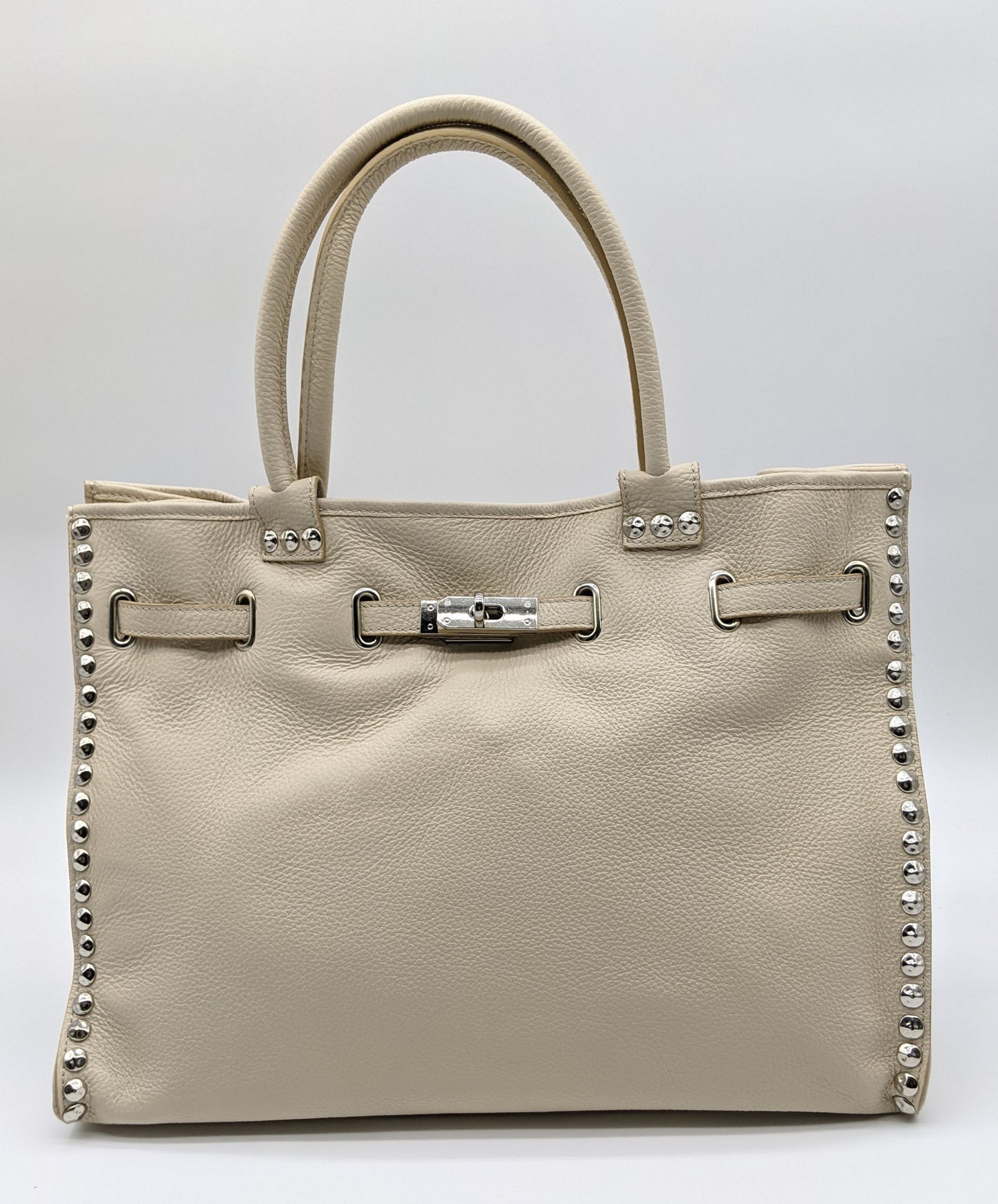 Genuine Pebble Leather Studded Satchel - Beige – Made In Italy - DumasvilleBoutique
