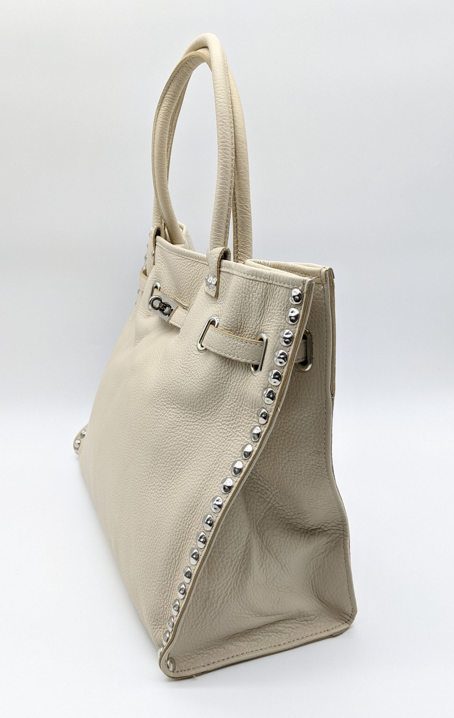 Genuine Pebble Leather Studded Satchel - Beige – Made In Italy - DumasvilleBoutique
