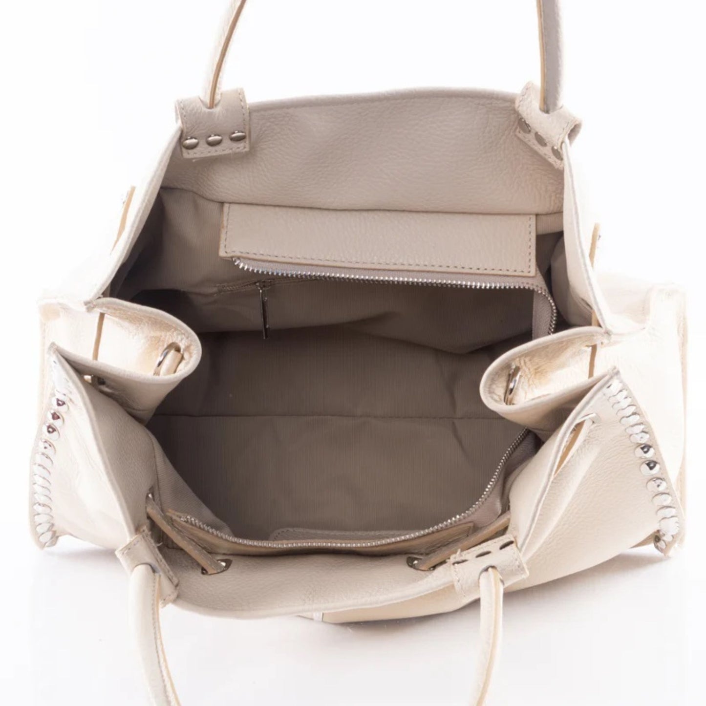 Genuine Pebble Leather Studded Satchel - Beige – Made In Italy - DumasvilleBoutique