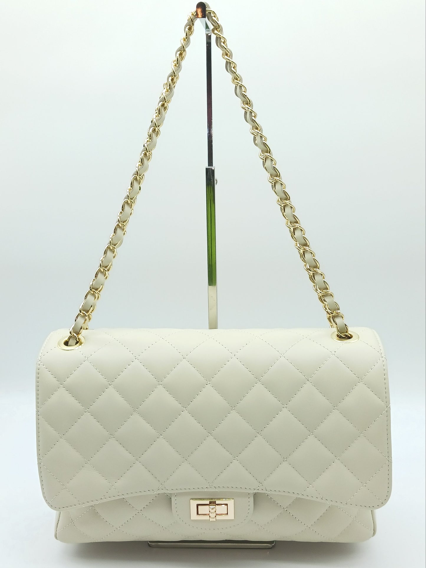Genuine Leather Quilted Handbag (X-Large) Beige – Made In Italy