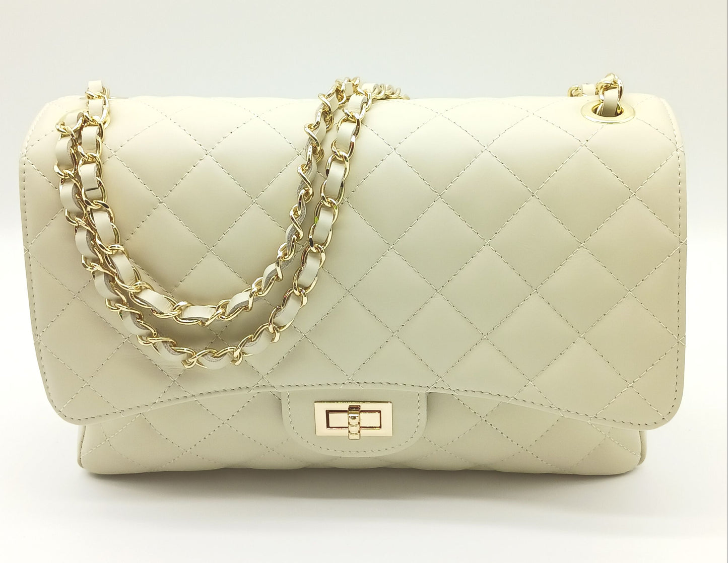 Genuine Leather Quilted Handbag (X-Large) Beige – Made In Italy