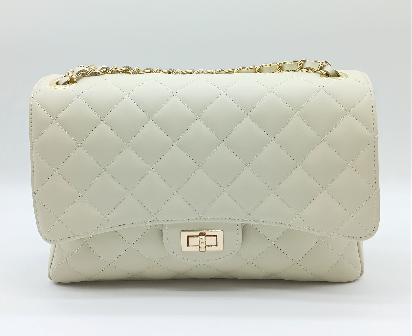 Genuine Leather Quilted Handbag (X-Large) Beige – Made In Italy