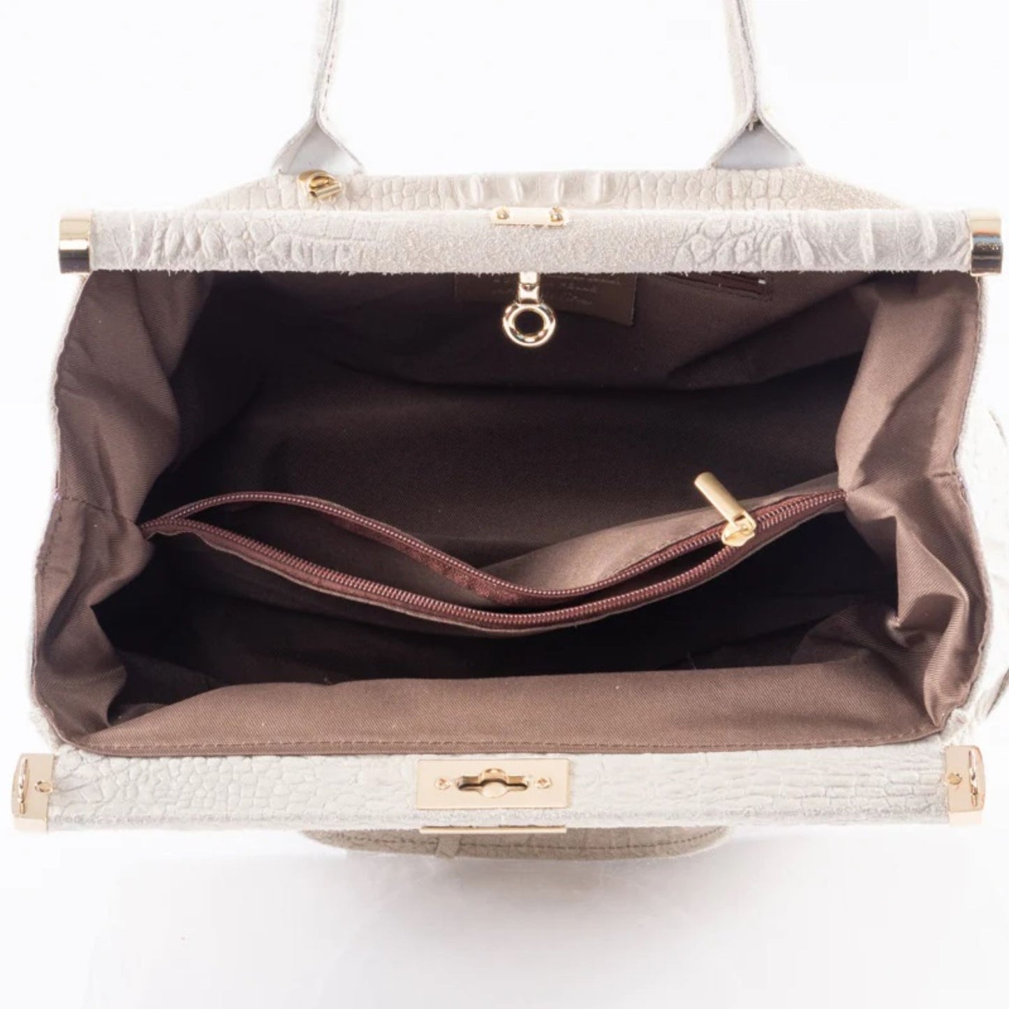 Lock & Key Genuine Croc Embossed Leather Suede Handbag Satchel - Beige – Made In Italy