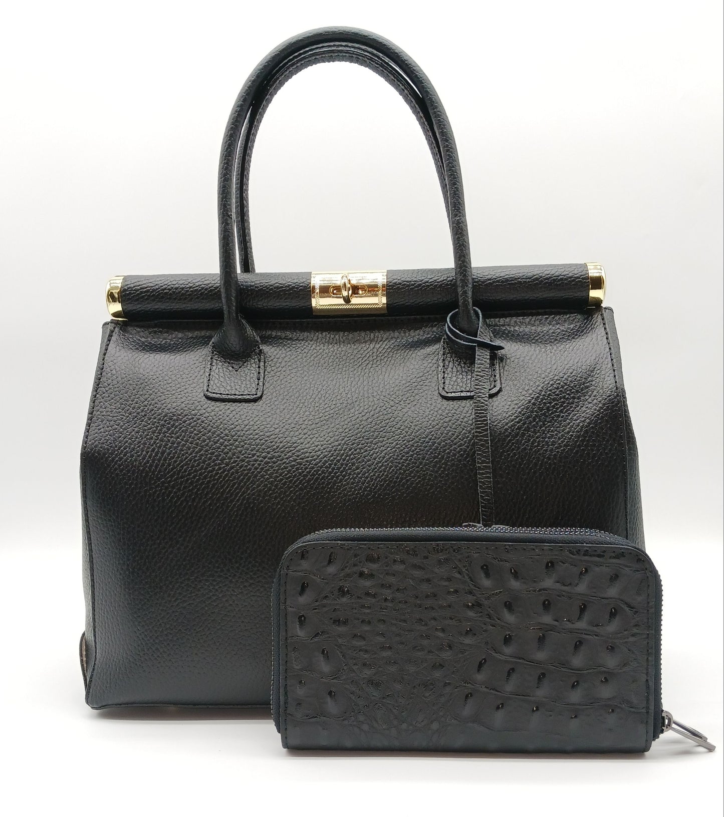 Genuine Croc Embossed Leather Double Zip Wallet – Made In Italy - Black