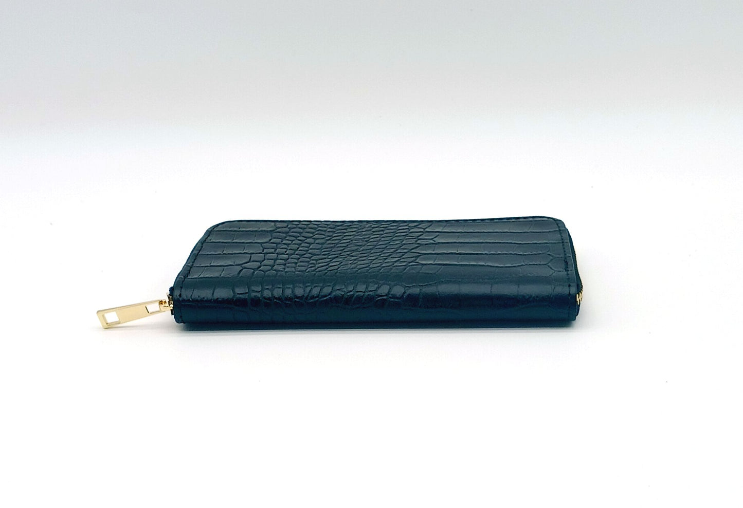 Genuine Croc Embossed Leather Zip Wallet – Made In Italy - Black