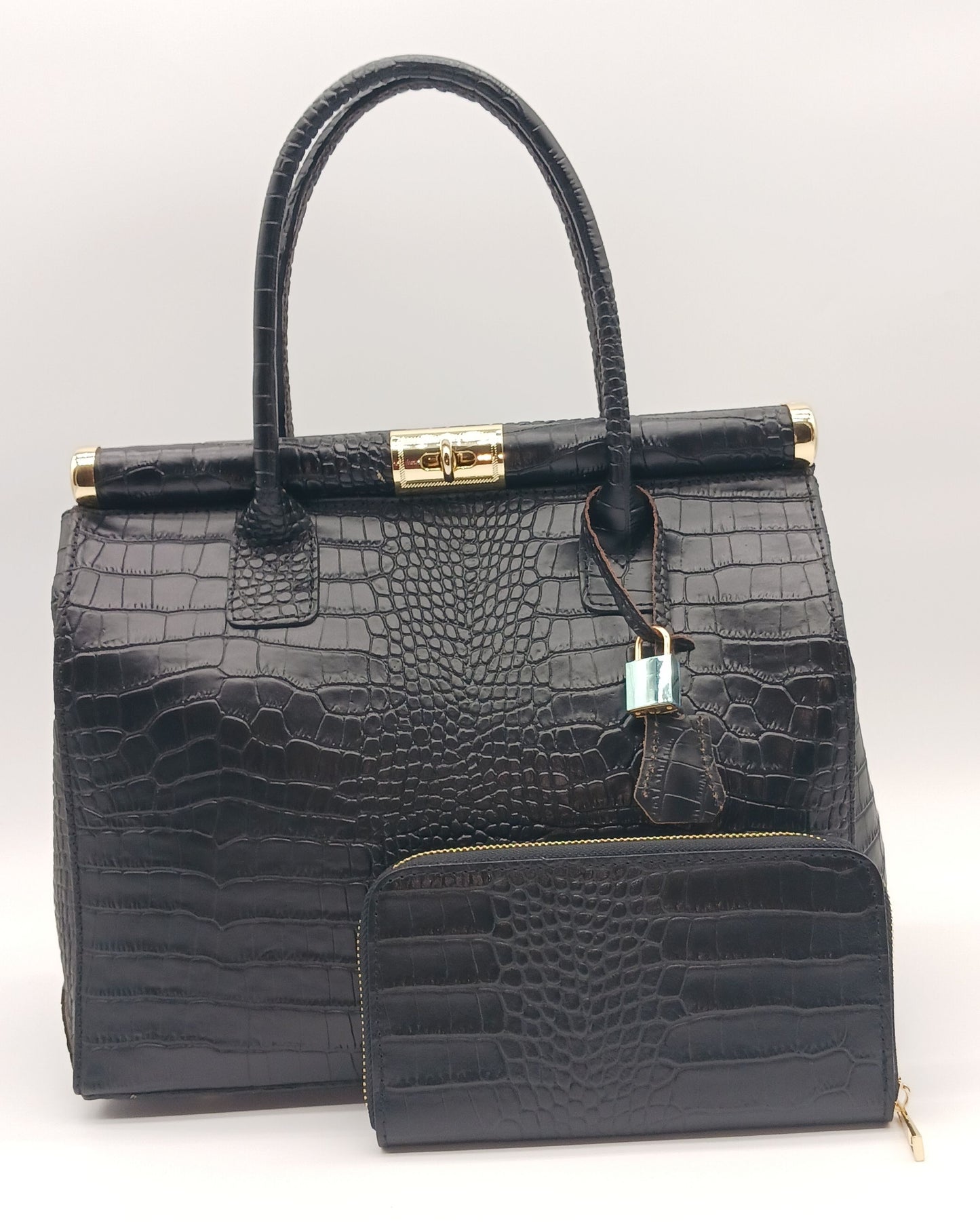 Genuine Croc Embossed Leather Zip Wallet – Made In Italy - Black