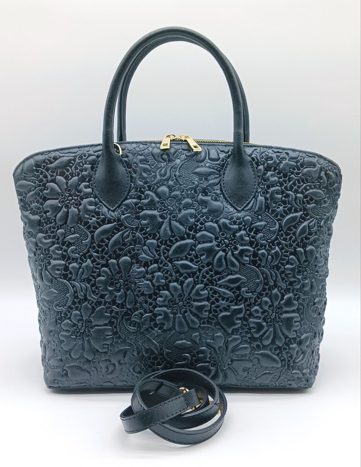 Black Genuine Leather Floral Embossed Handbag Satchel – Made In Italy
