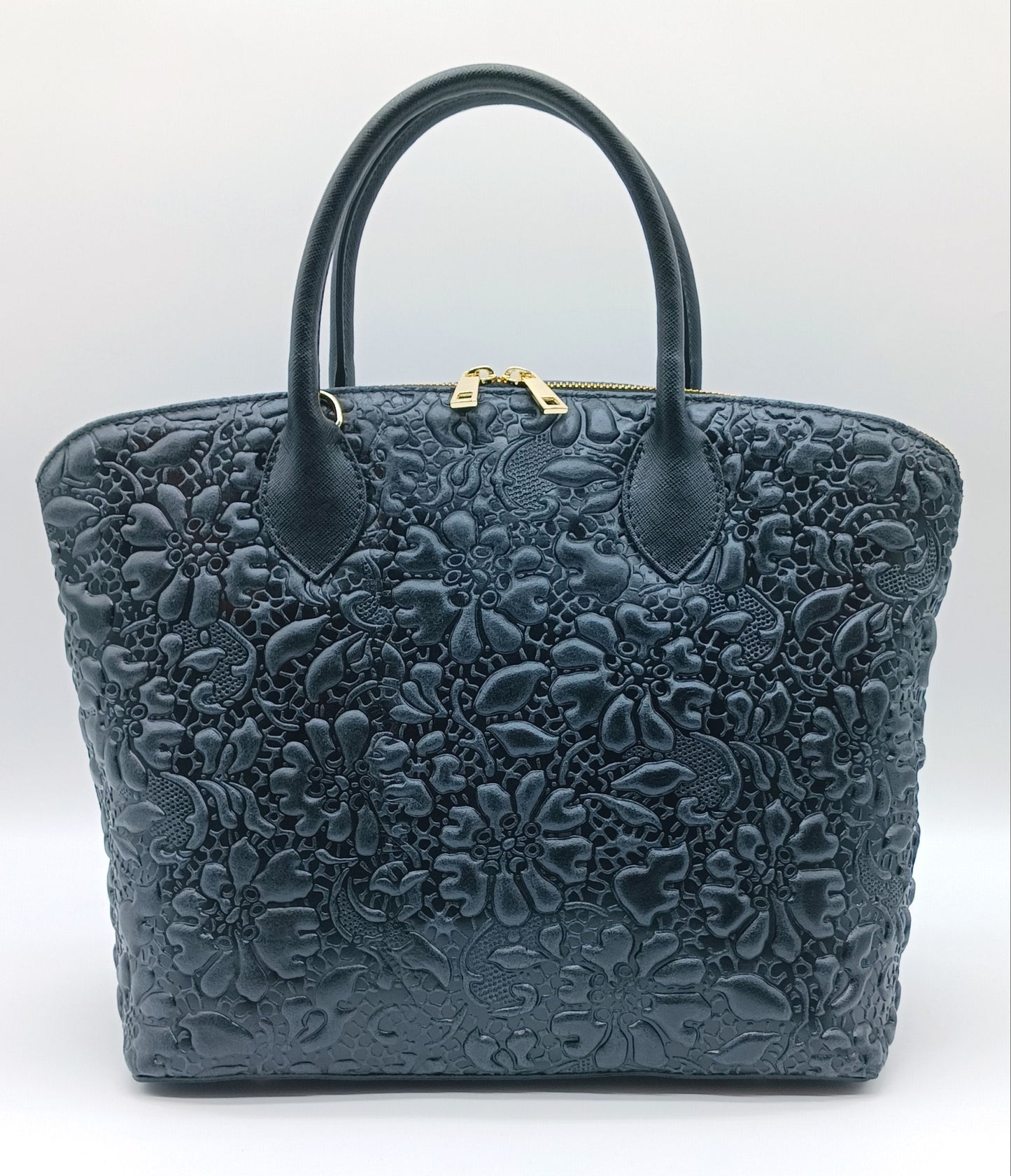 Black Genuine Leather Floral Embossed Handbag Satchel – Made In Italy