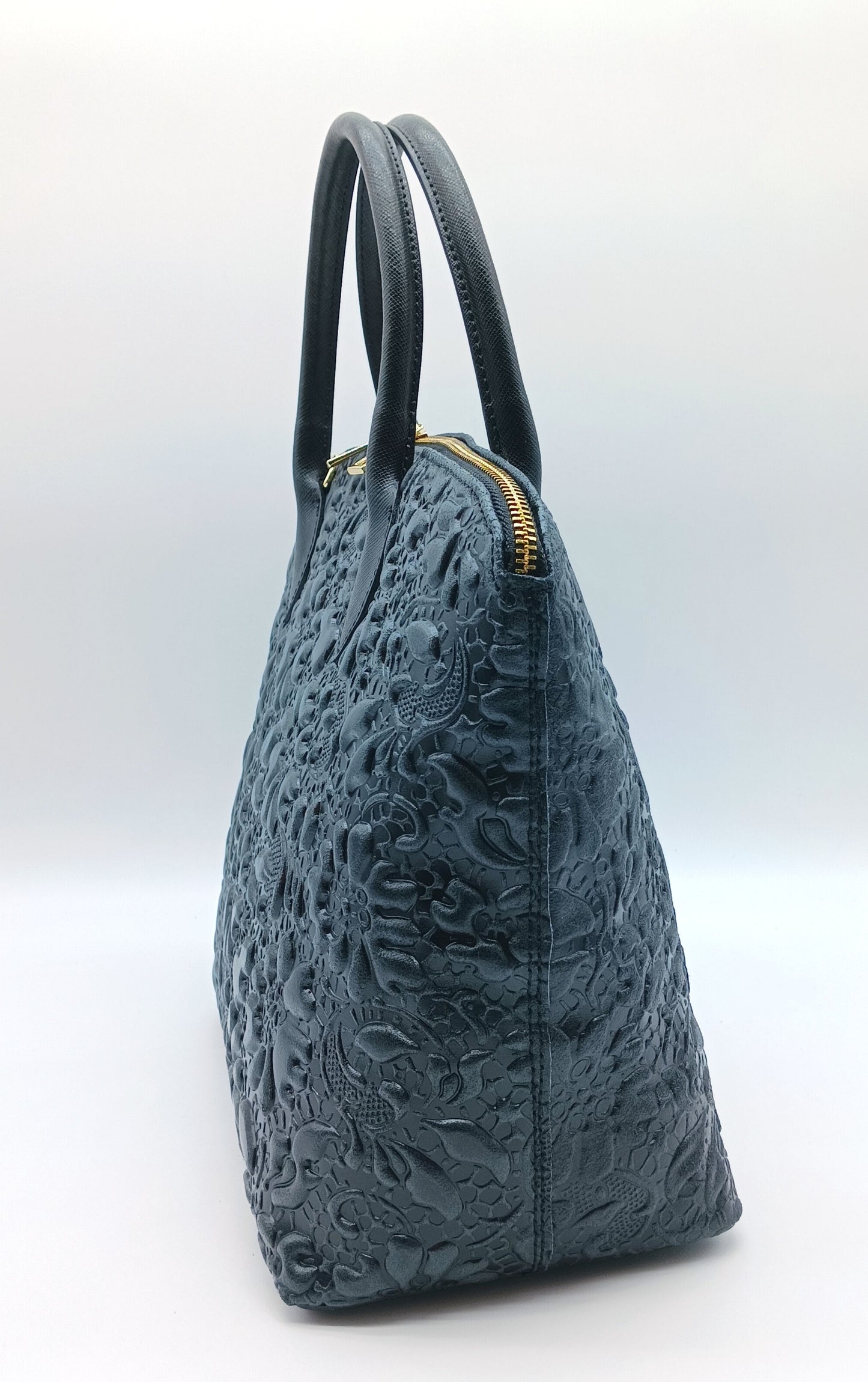 Black Genuine Leather Floral Embossed Handbag Satchel – Made In Italy