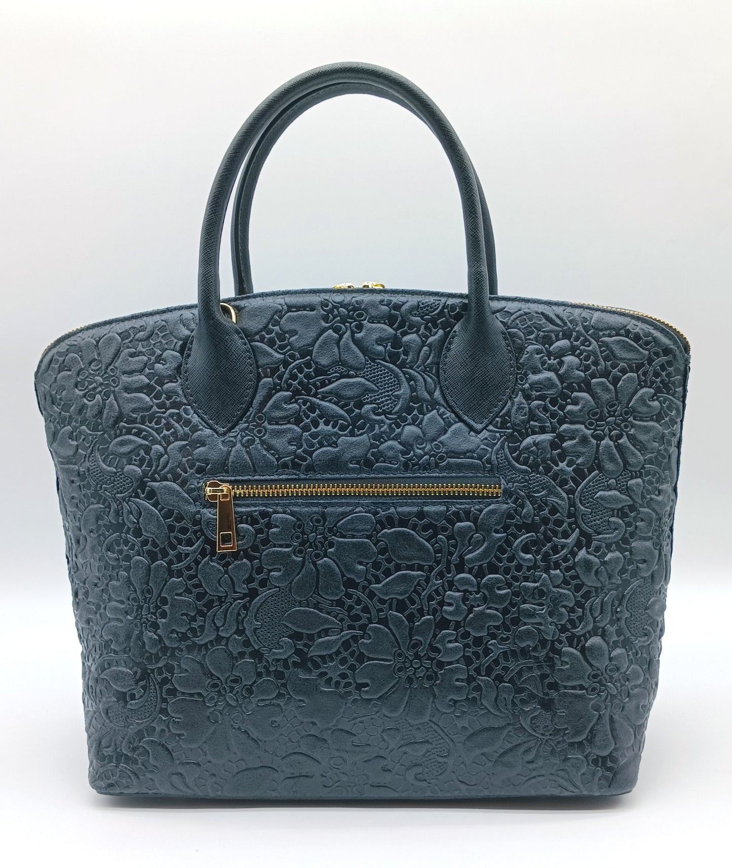 Black Genuine Leather Floral Embossed Handbag Satchel – Made In Italy