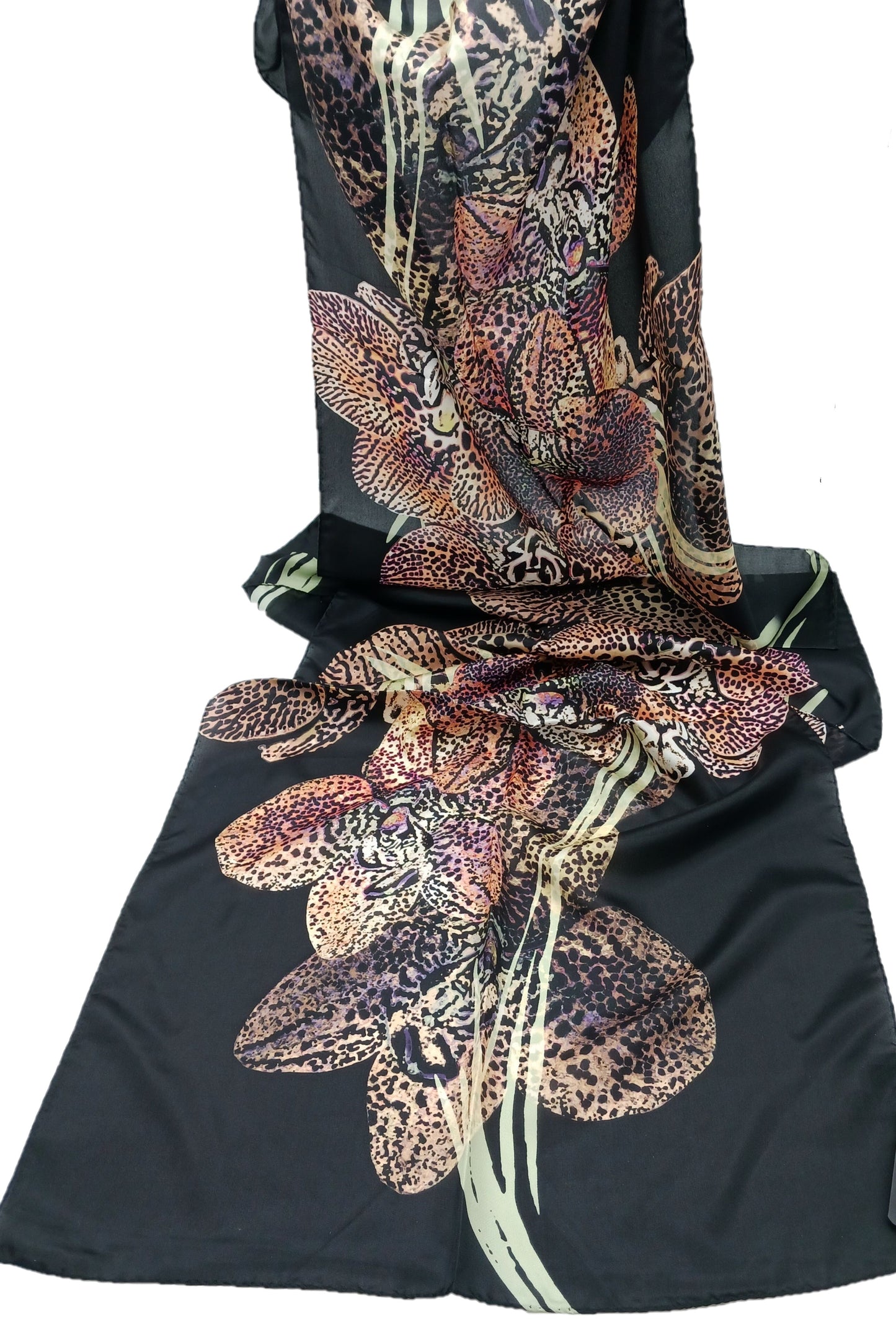 Designer Silk Twill Black Floral Scarf 64”x20” – Made In Italy - DumasvilleBoutique