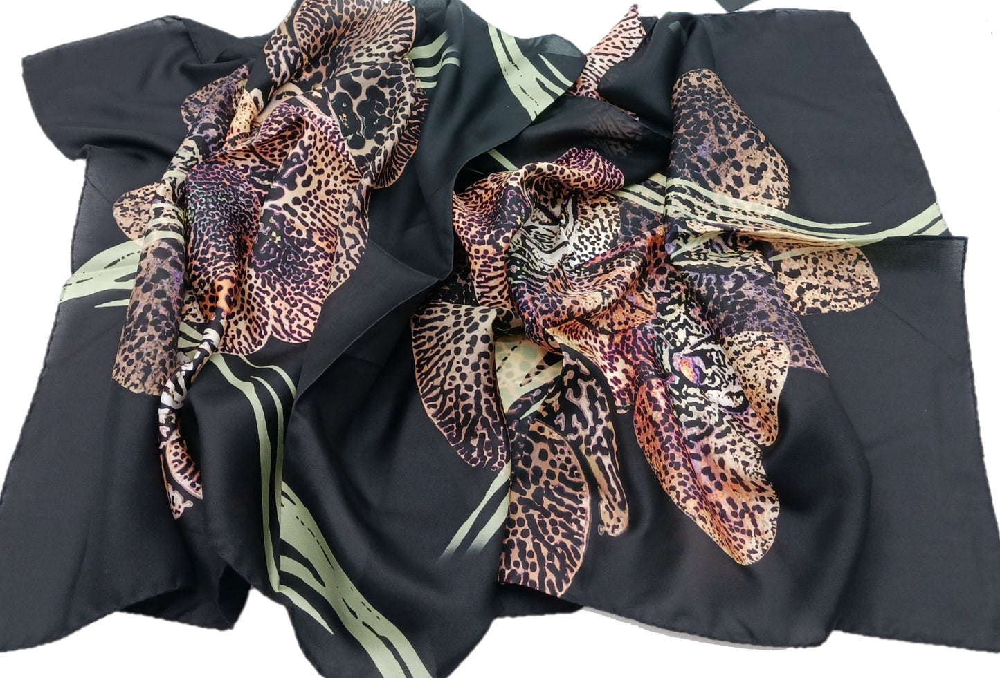 Designer Silk Twill Black Floral Scarf 64”x20” – Made In Italy - DumasvilleBoutique