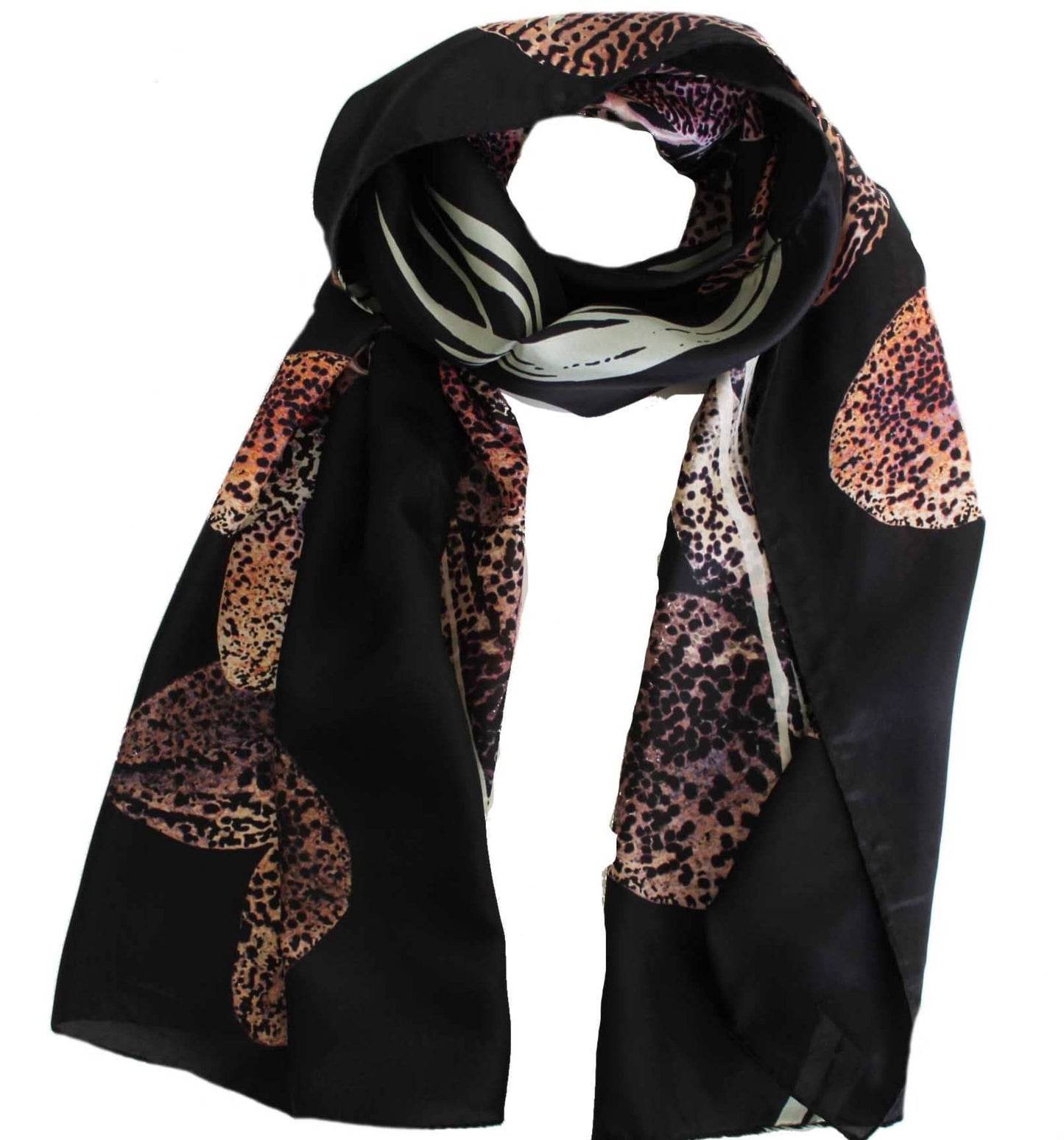 Designer Silk Twill Black Floral Scarf 64”x20” – Made In Italy - DumasvilleBoutique
