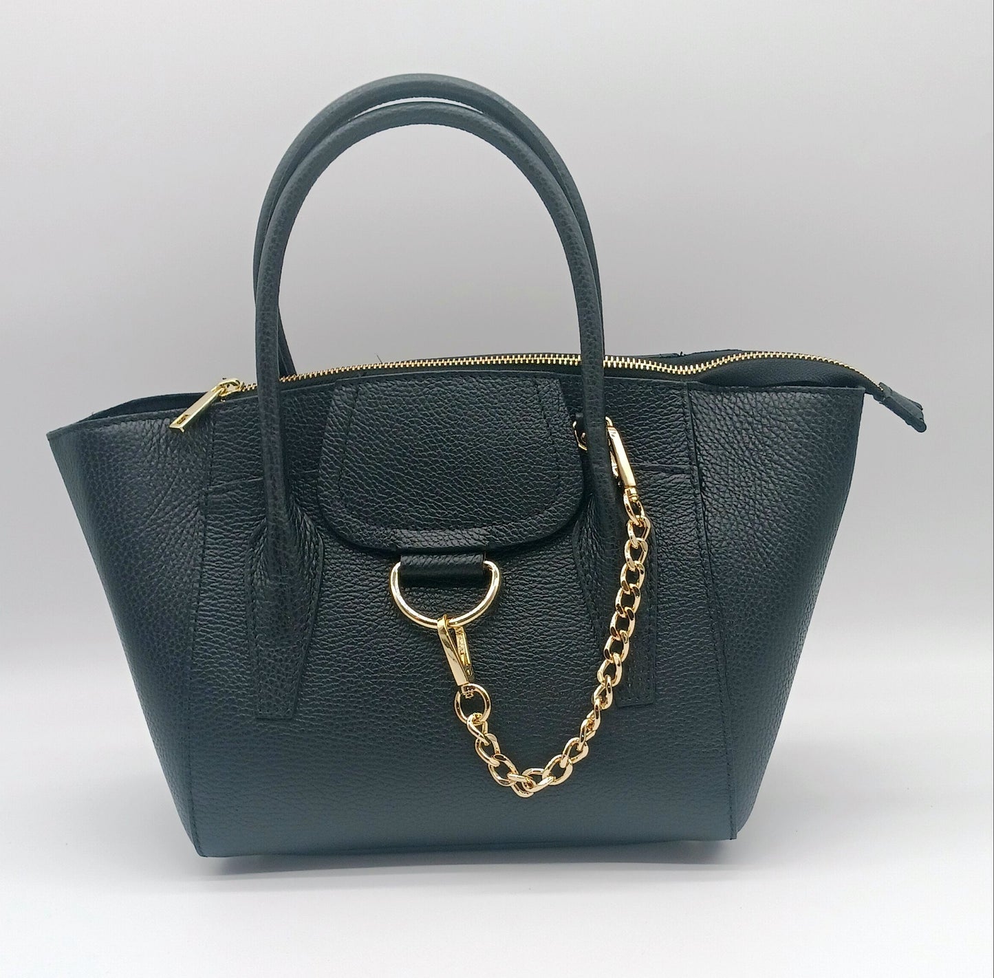 Black Genuine Pebble Leather Satchel Shoulder Handbag – Made In Italy