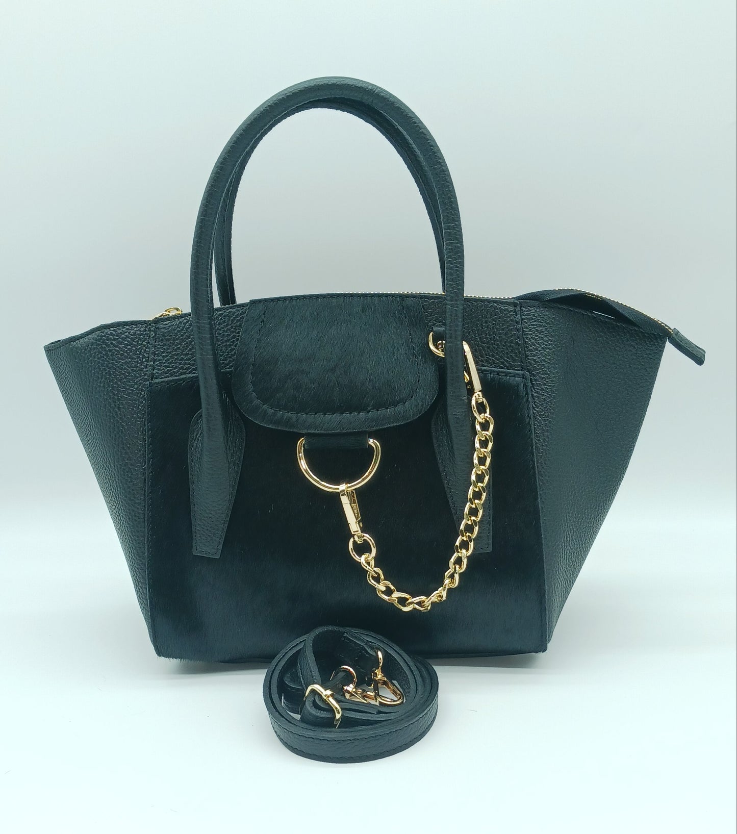 Black Genuine Leather Fur Satchel - Made In Italy