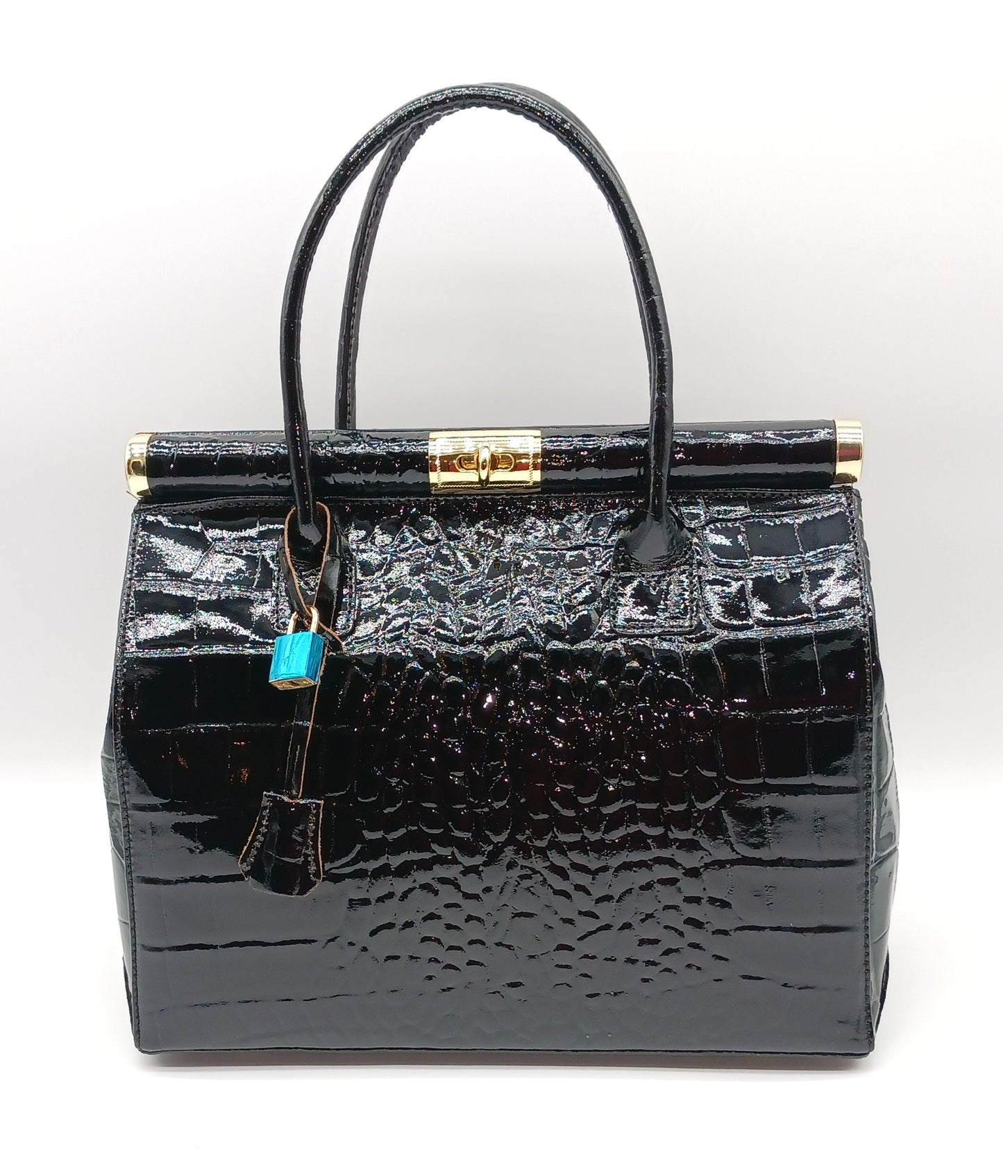 Lock & Key Shiny Croc Embossed Genuine Leather Handbag Satchel – Made In Italy - Black