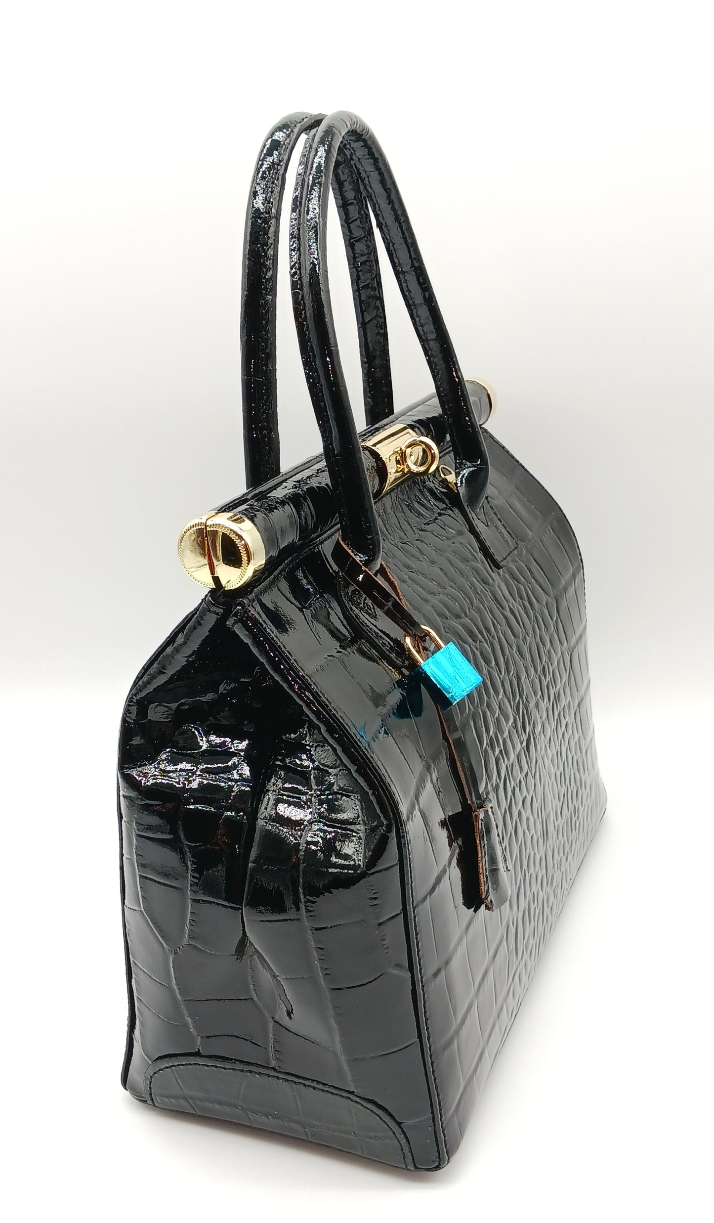 Lock & Key Shiny Croc Embossed Genuine Leather Handbag Satchel – Made In Italy - Black