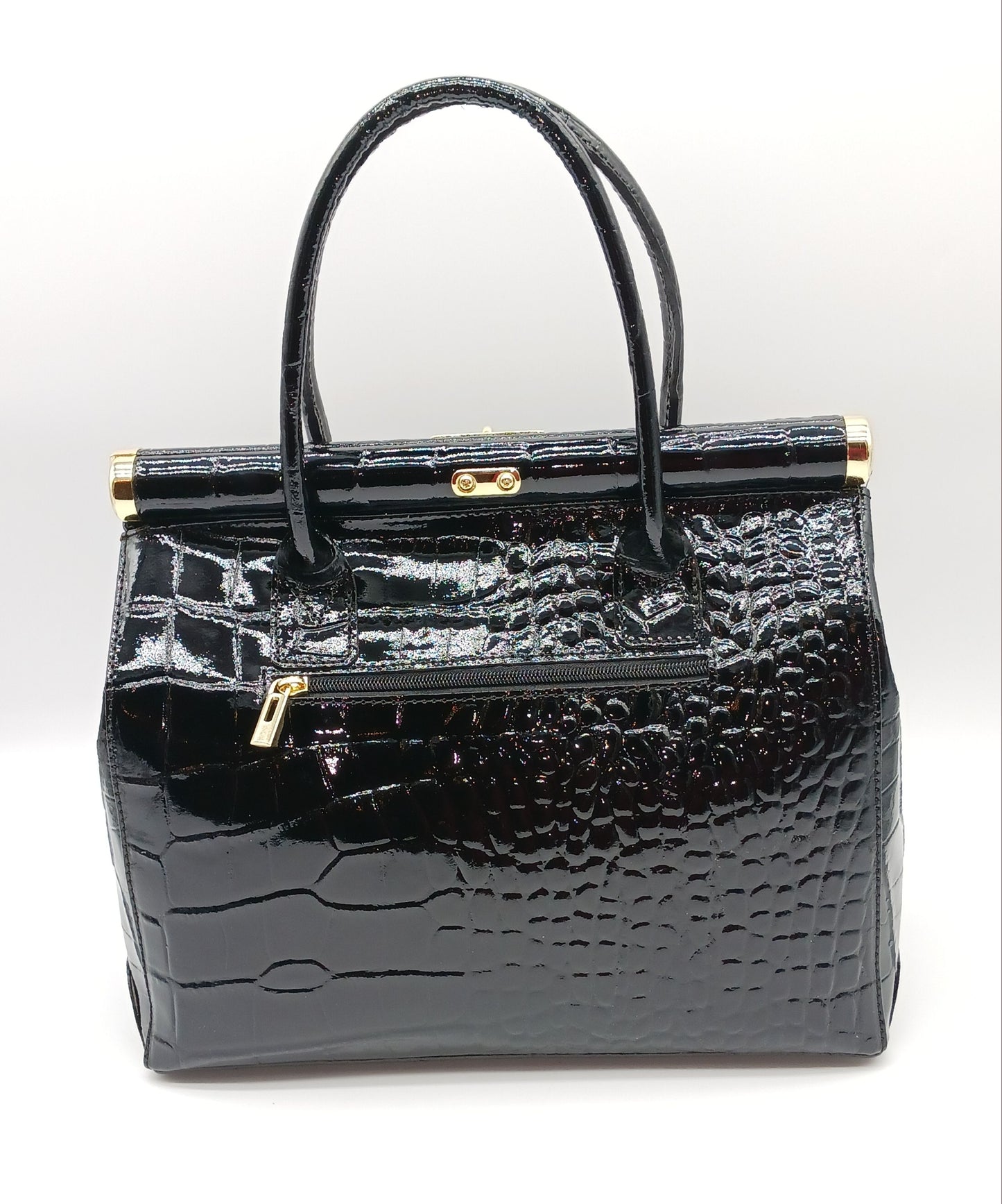 Lock & Key Shiny Croc Embossed Genuine Leather Handbag Satchel – Made In Italy - Black