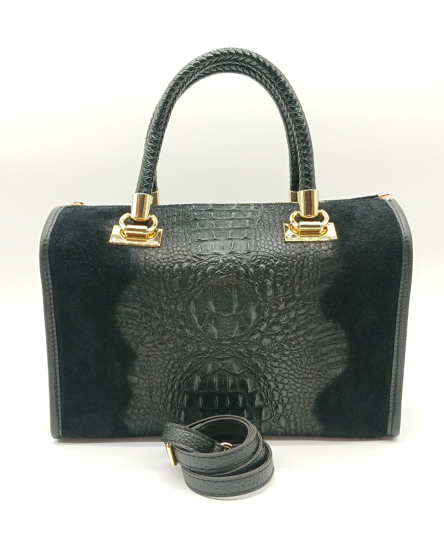 Genuine Suede & Leather Croc Embossed Satchel Handbag - Black – Made In Italy