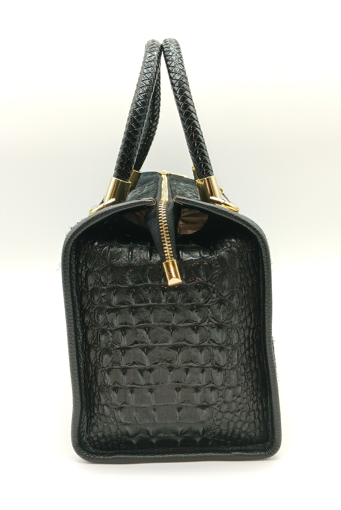 Genuine Suede & Leather Croc Embossed Satchel Handbag - Black – Made In Italy