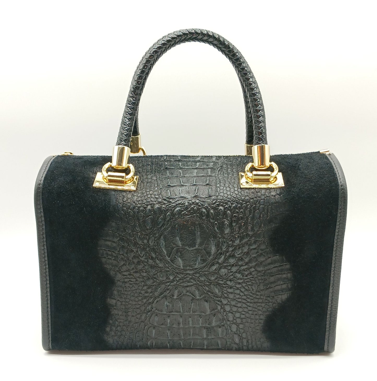 Genuine Suede & Leather Croc Embossed Satchel Handbag - Black – Made In Italy