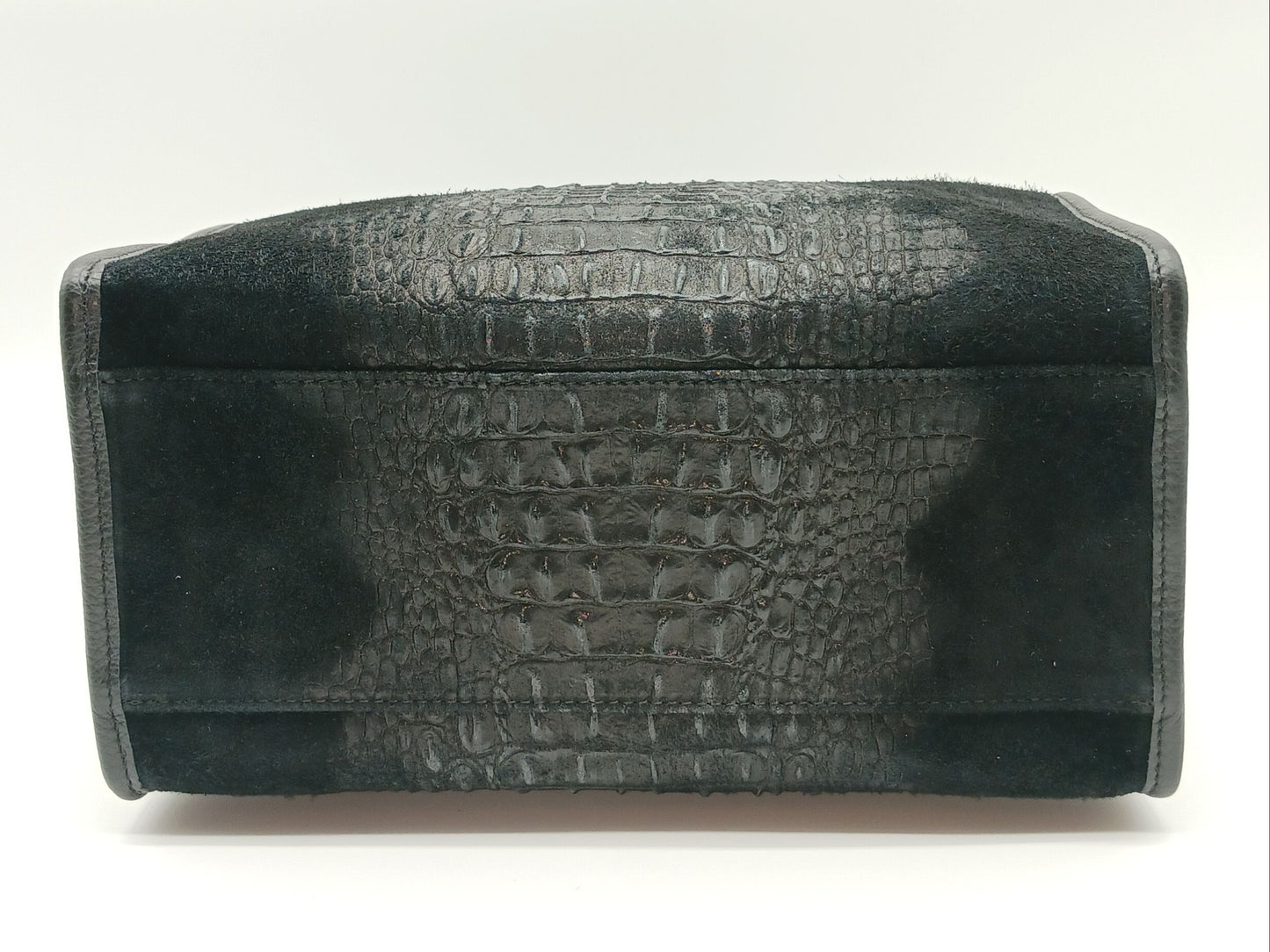 Genuine Suede & Leather Croc Embossed Satchel Handbag - Black – Made In Italy