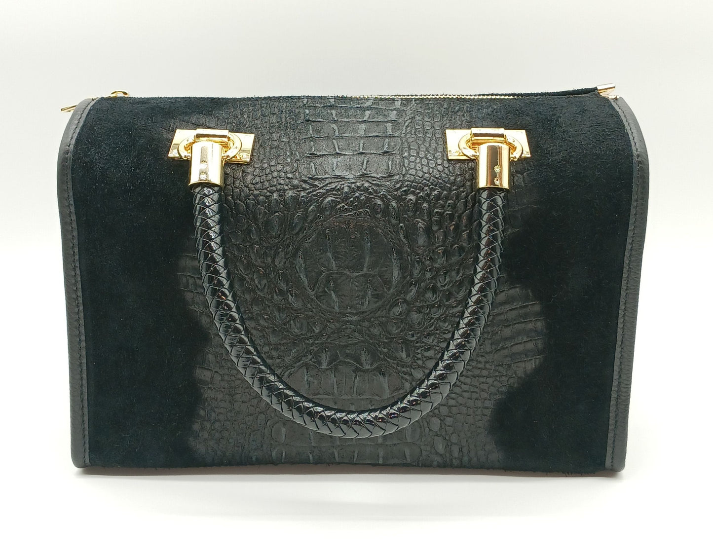 Genuine Suede & Leather Croc Embossed Satchel Handbag - Black – Made In Italy