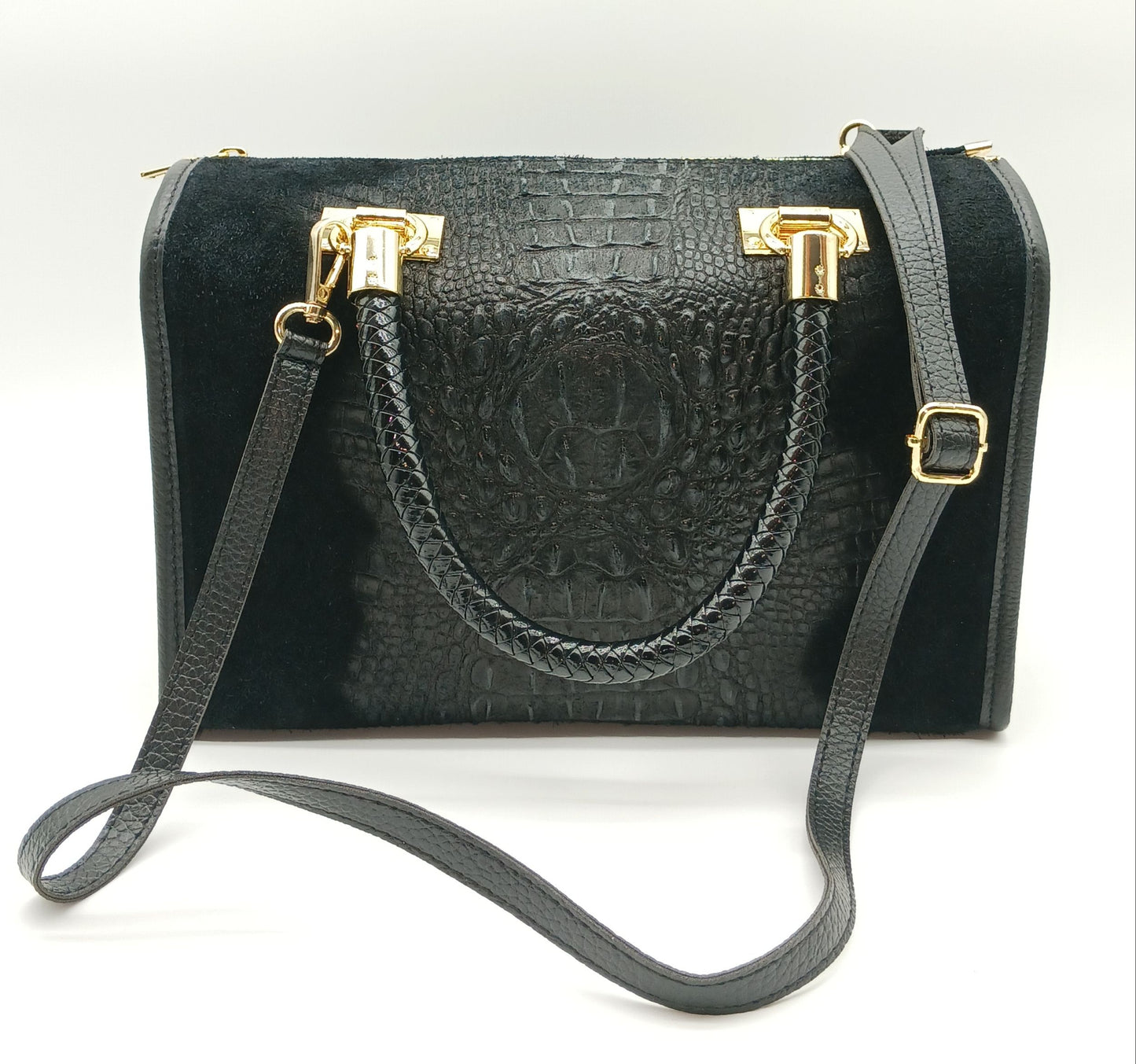 Genuine Suede & Leather Croc Embossed Satchel Handbag - Black – Made In Italy