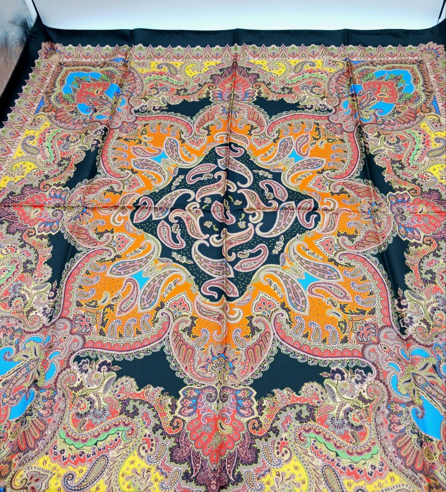 Black Orange Paisley Design Silk Twill Square Scarf 35x35 – Made In Italy