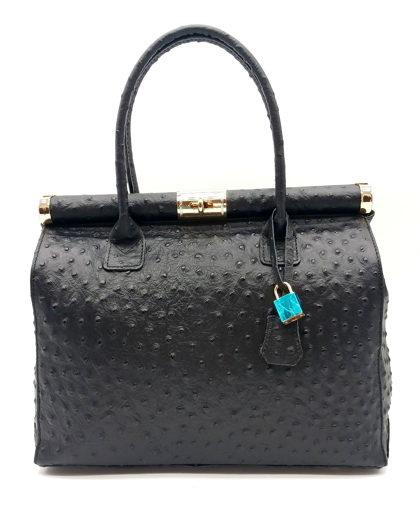 Lock & Key Genuine Ostrich Embossed Leather Handbag Satchel - Black – Made In Italy