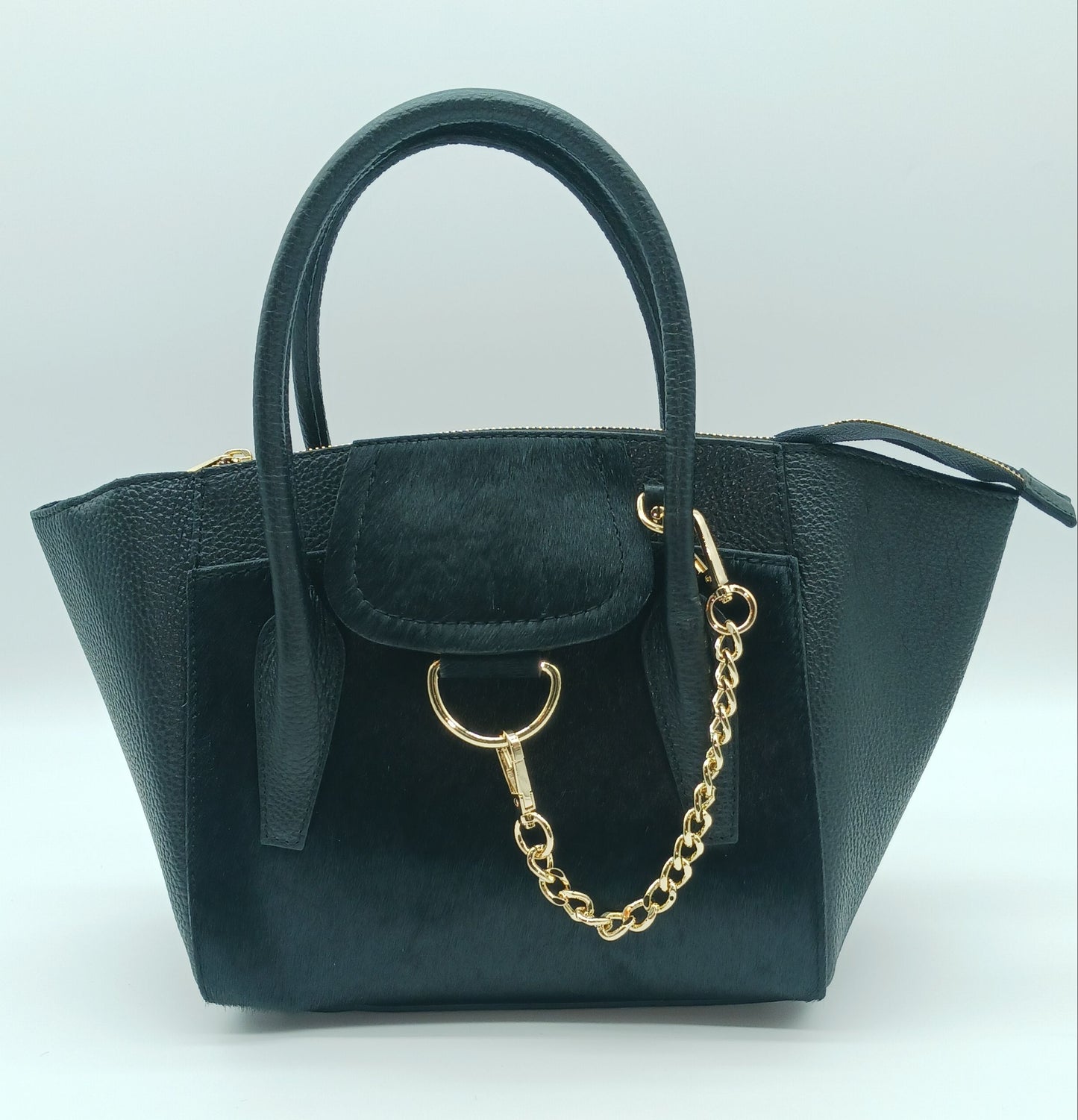 Black Genuine Leather Fur Satchel - Made In Italy