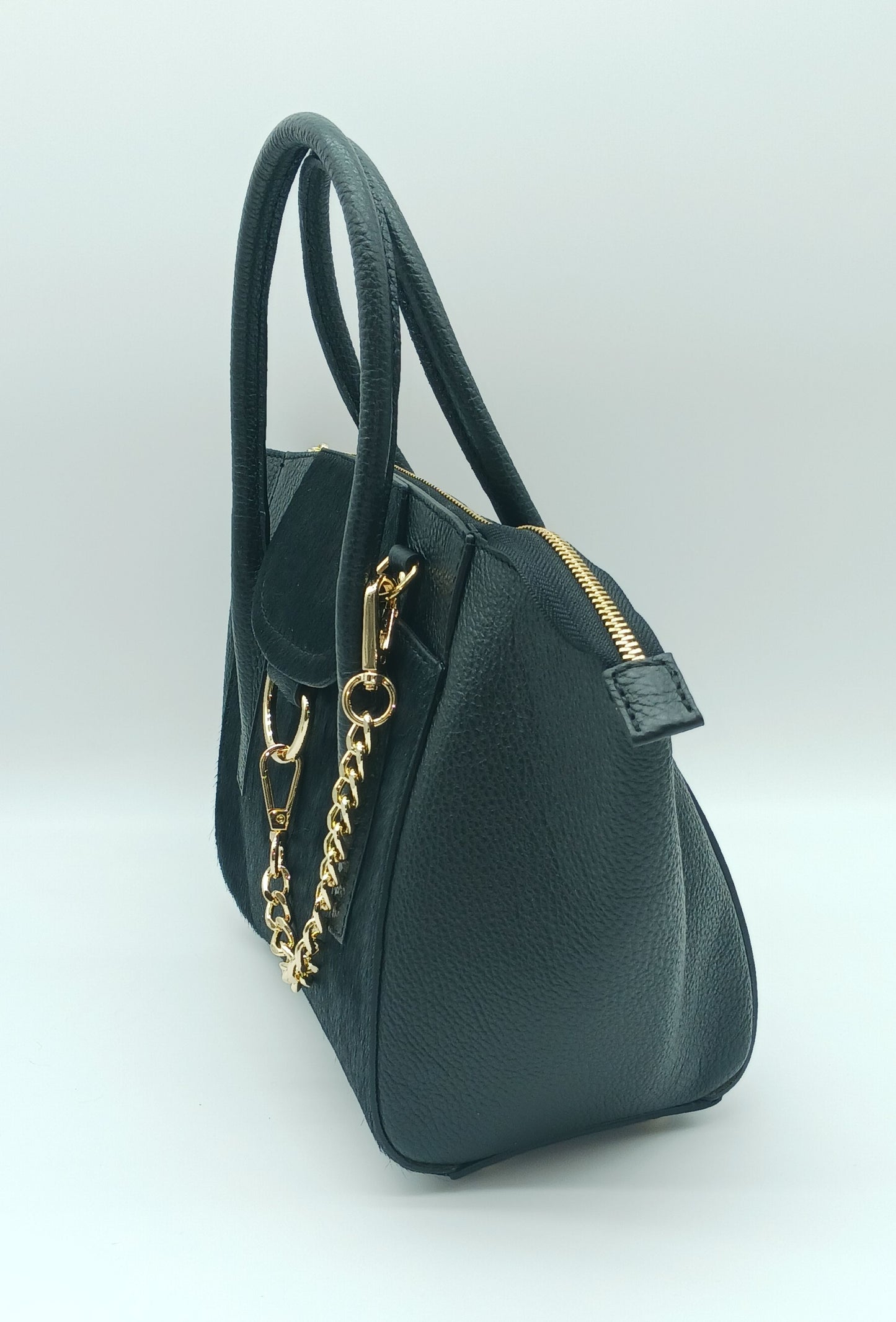 Black Genuine Leather Fur Satchel - Made In Italy