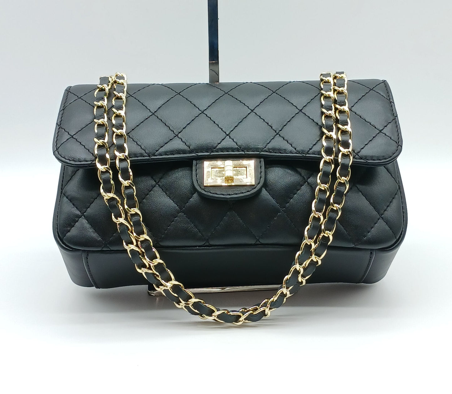 Genuine Leather Quilted Handbag (Medium) Black – Made In Italy