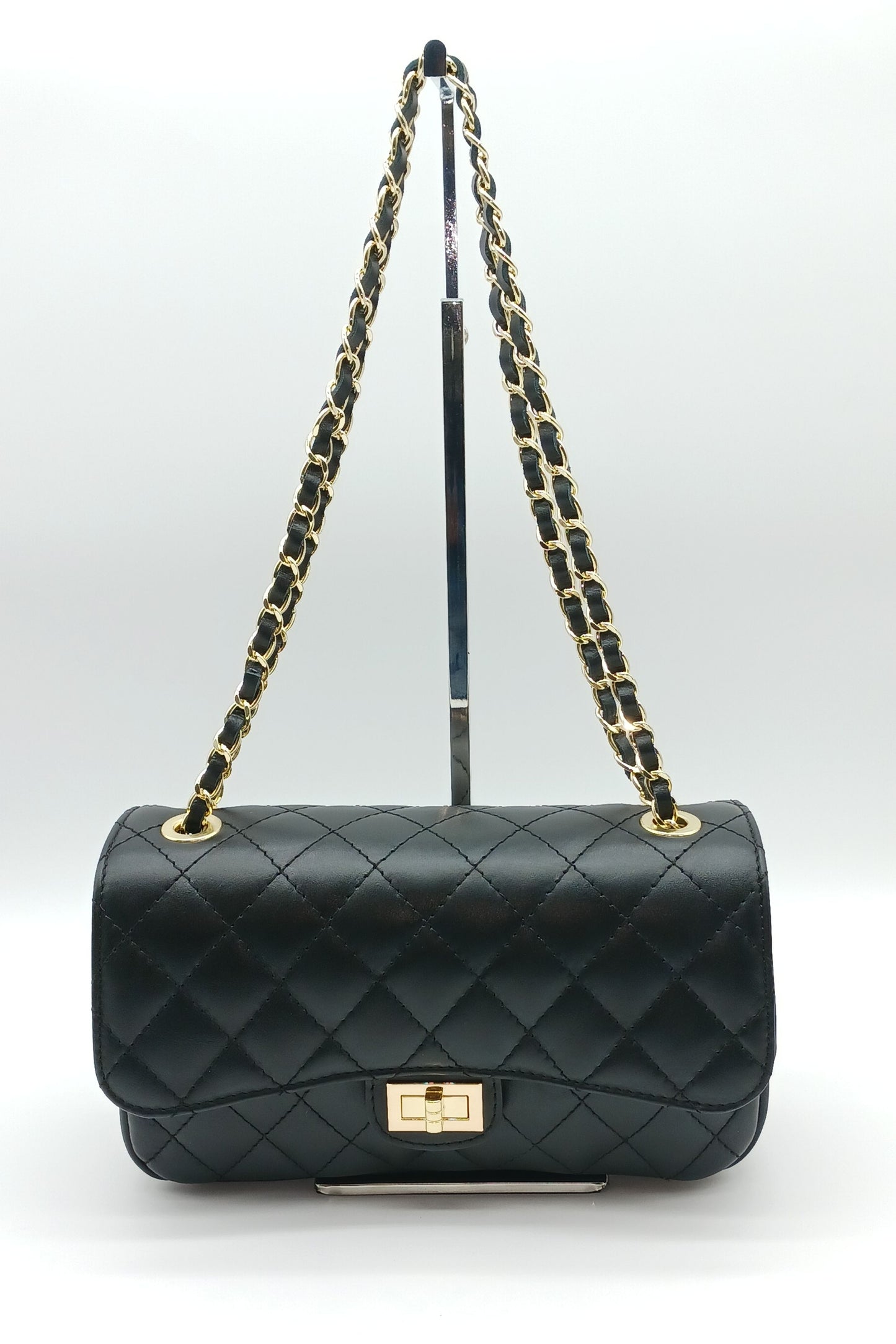 Genuine Leather Quilted Handbag (Medium) Black – Made In Italy