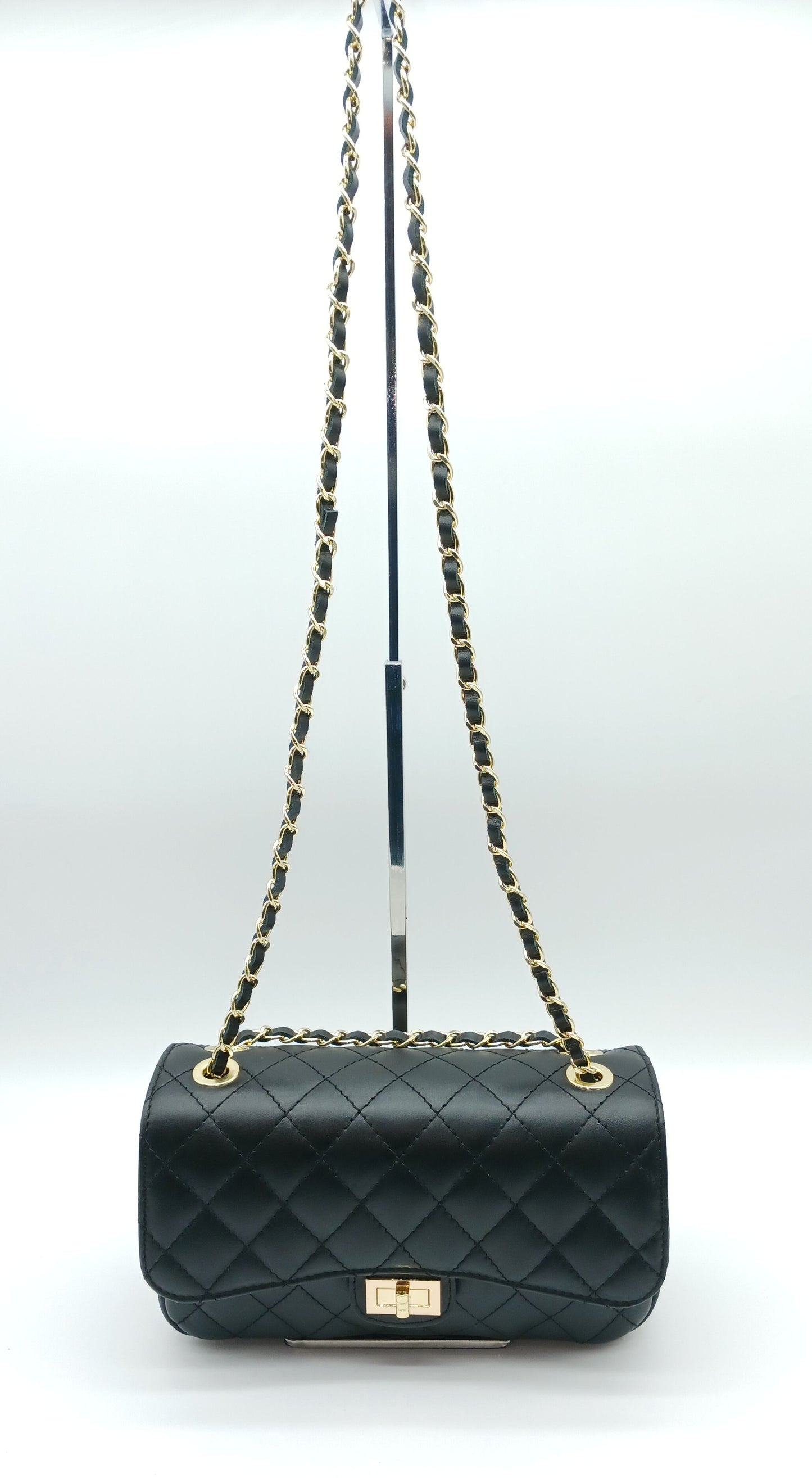 Genuine Leather Quilted Handbag (Medium) Black – Made In Italy