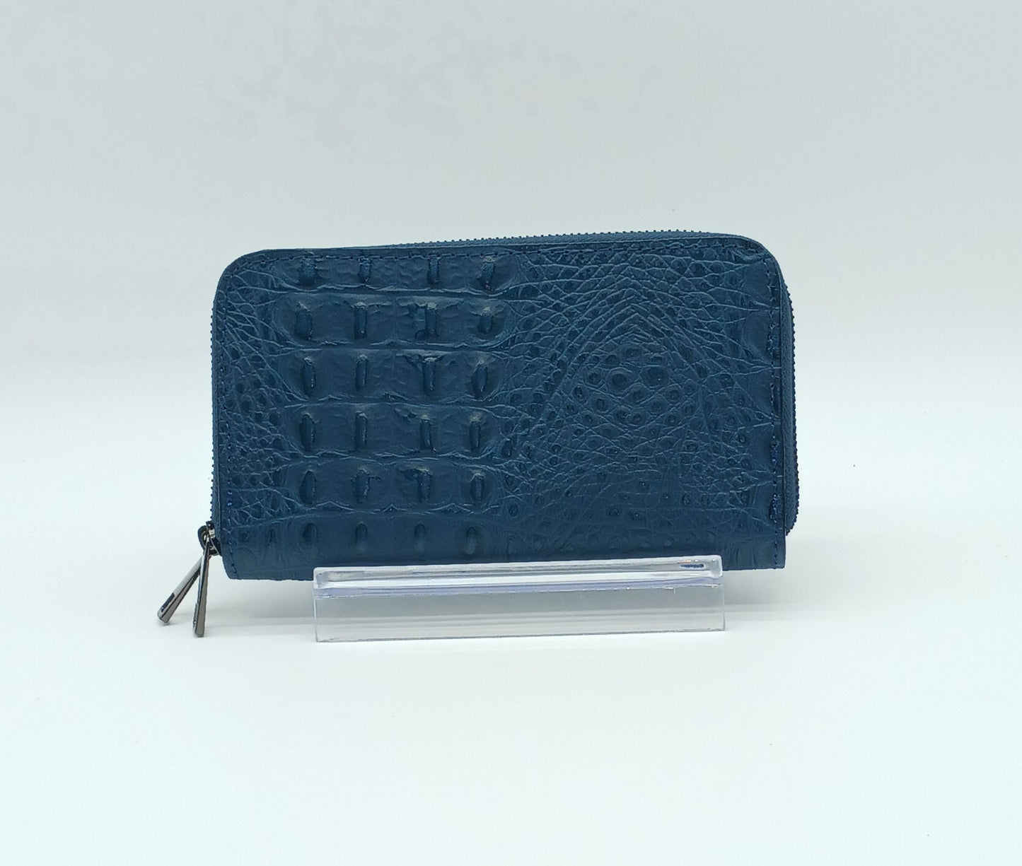 Genuine Croc Embossed Leather Double Zip Wallet – Made In Italy - Blue