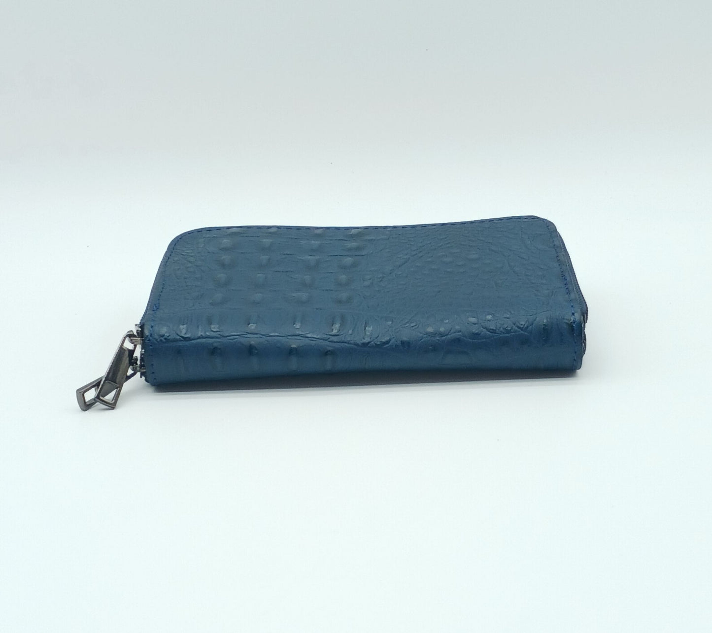 Genuine Croc Embossed Leather Double Zip Wallet – Made In Italy - Blue
