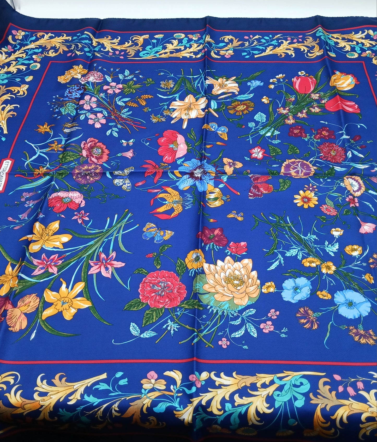 Designer Dark Blue Floral Silk Twill Square Scarf 35x35 – Made In Italy