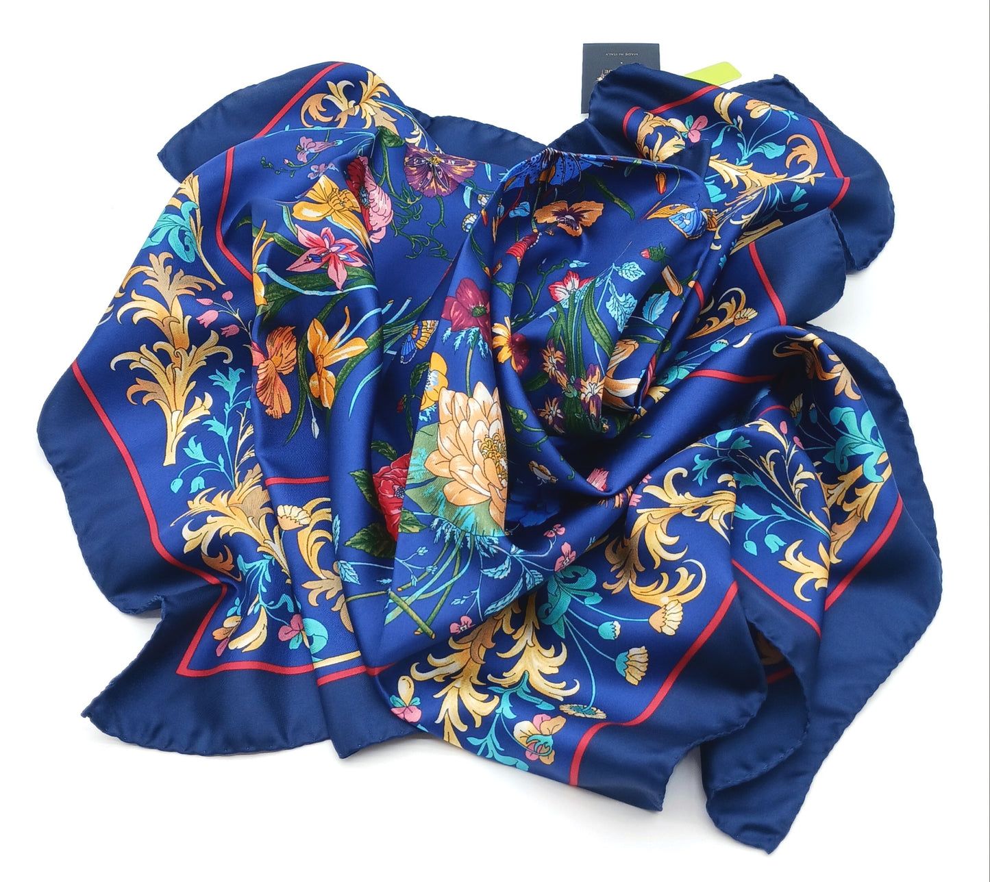 Designer Dark Blue Floral Silk Twill Square Scarf 35x35 – Made In Italy