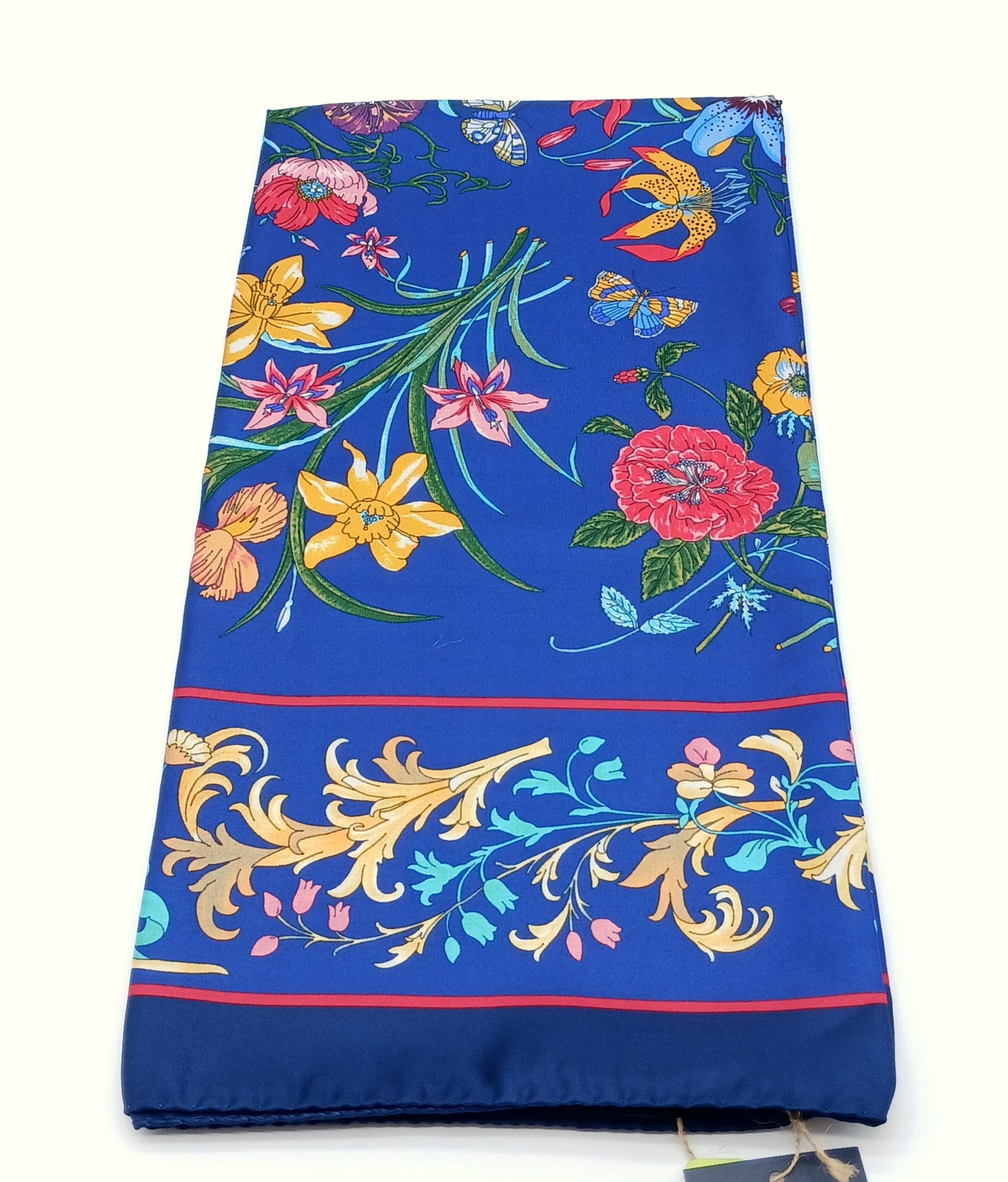 Designer Dark Blue Floral Silk Twill Square Scarf 35x35 – Made In Italy