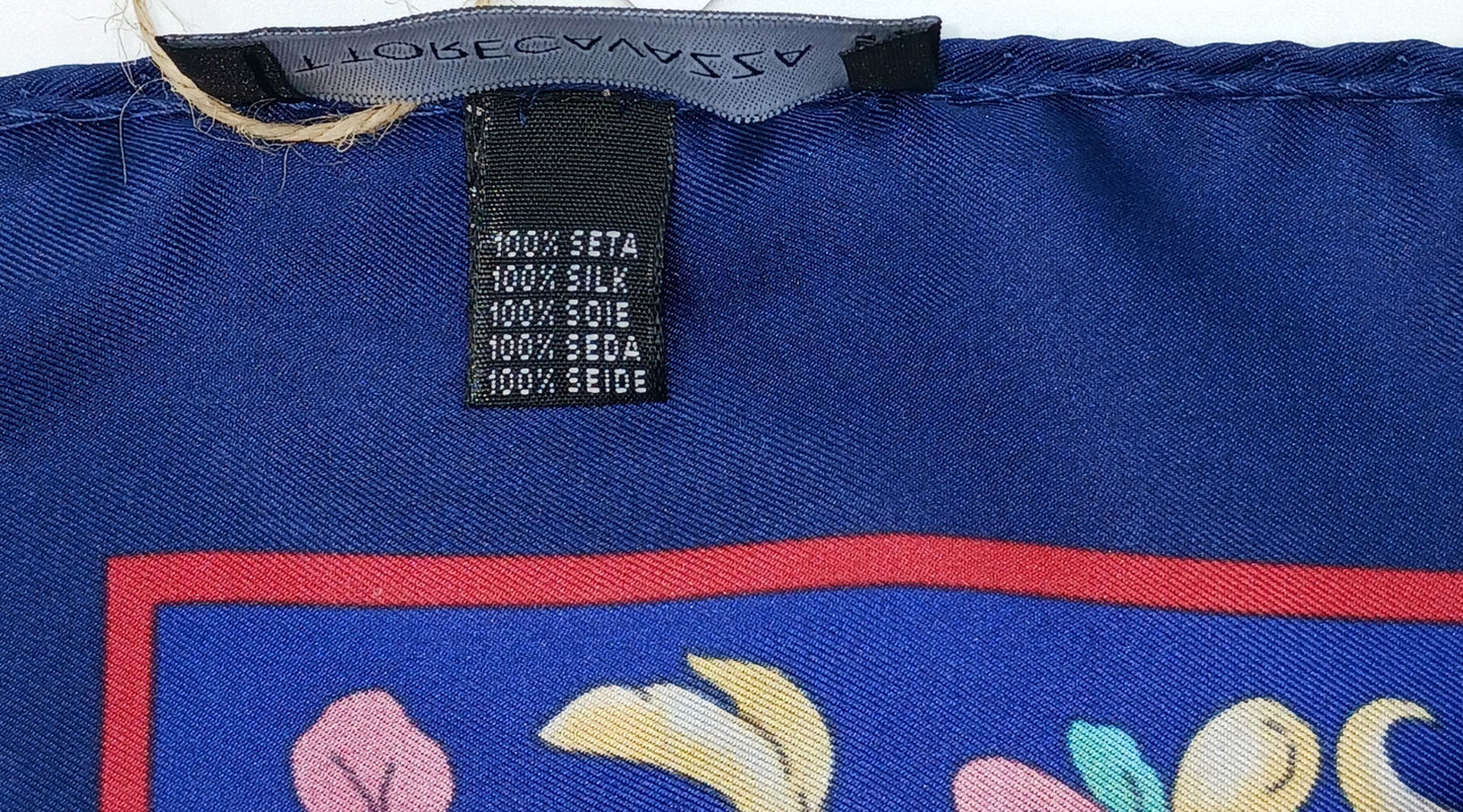 Designer Dark Blue Floral Silk Twill Square Scarf 35x35 – Made In Italy