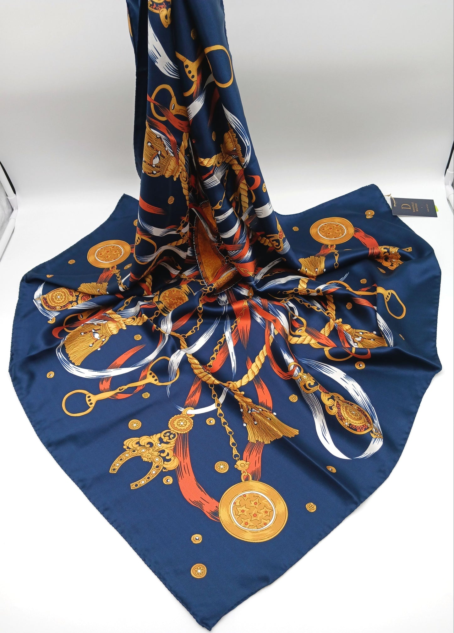 Blue Tassel Medallion Silk Twill Square Scarf 35x35 – Made In Italy